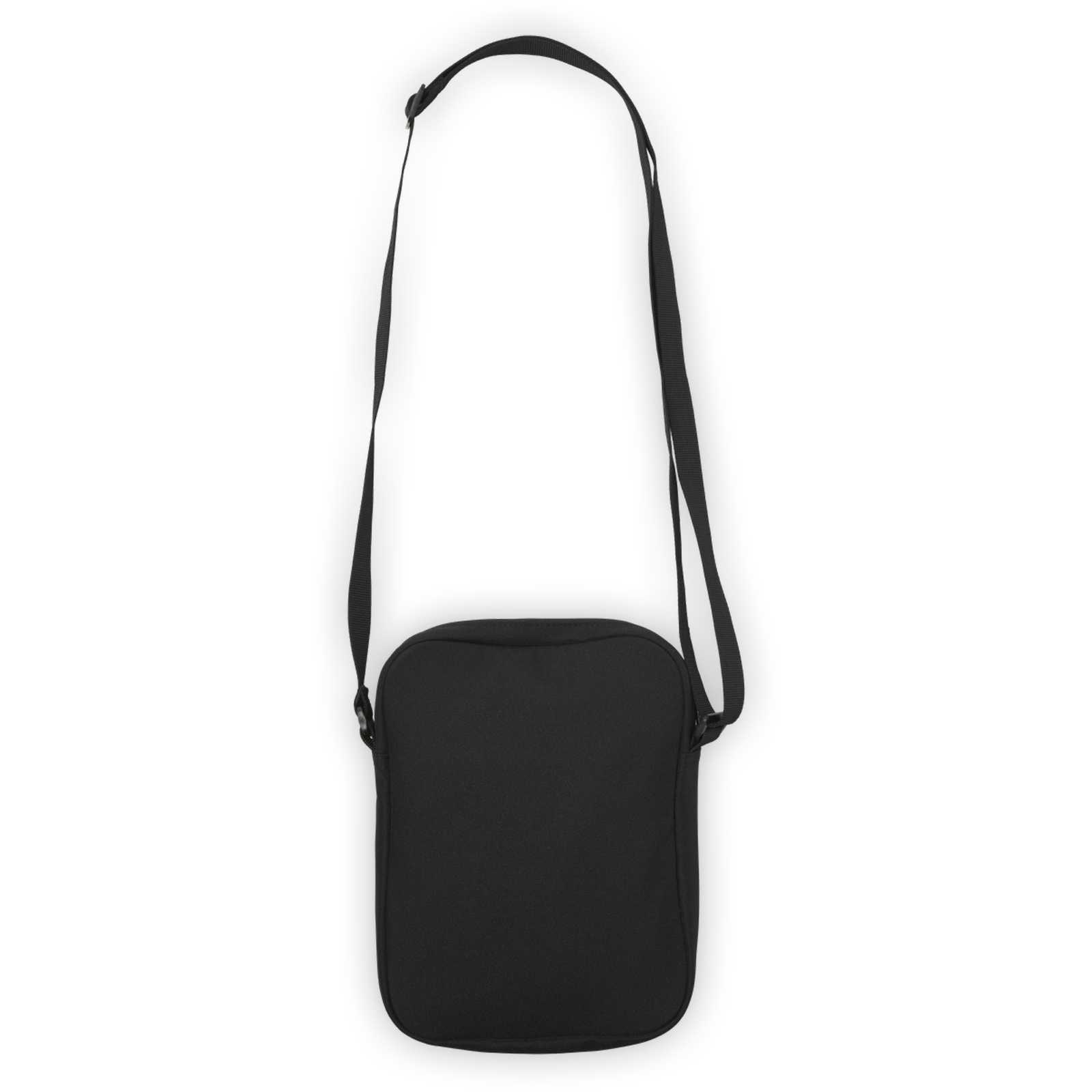 Vorderansicht einer schwarze Schultertasche mit langem Tragegurt.