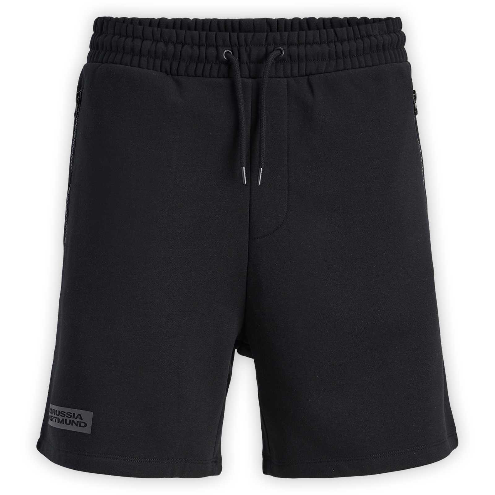 Vorderansicht einer schwarze Joggingshorts mit Gummizug am Bund und an den Füßen. Mit zwei Hosentaschen mit Reißverschluss.