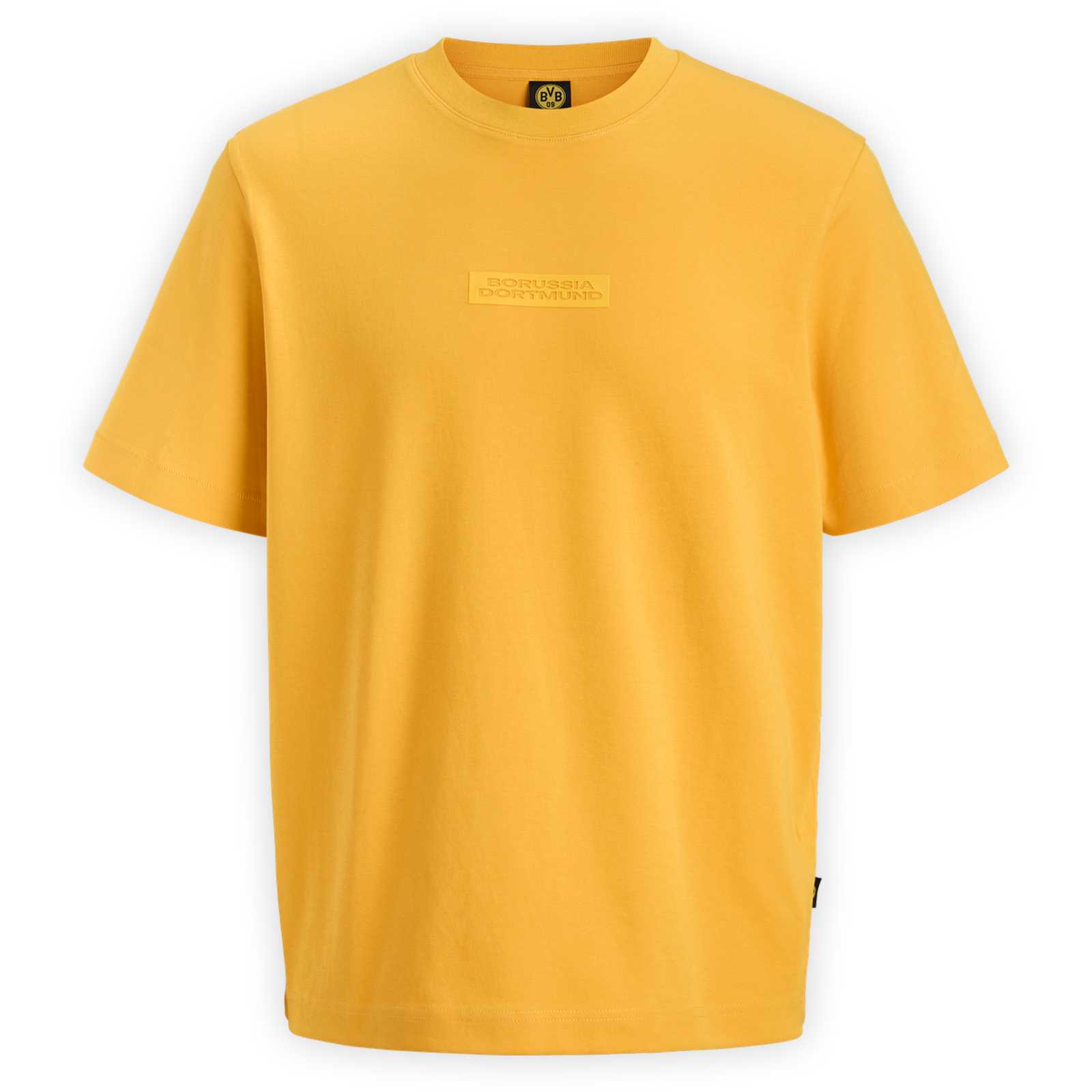 Vorderansicht eines gelben T-Shirts mit Borussia Dortmund-Schriftzug.