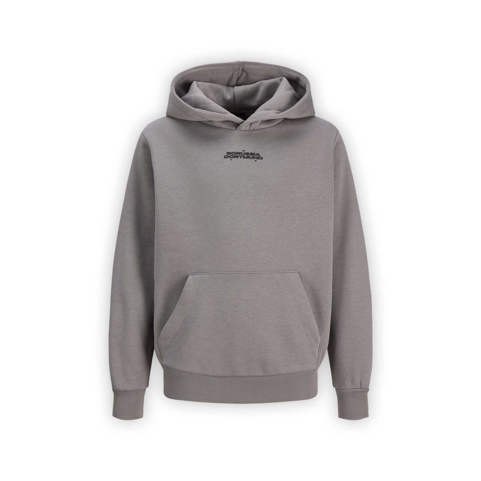 Vorderansicht eines grauen Hoodies mit schwarzem Borussia Dortmund-Schriftzug.