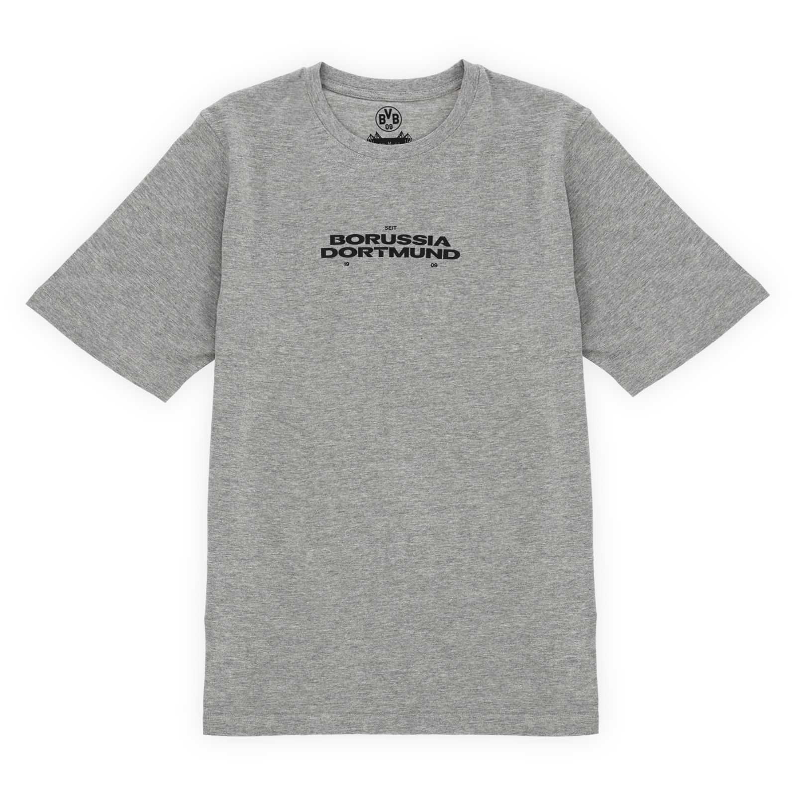 Vorderansicht des grauen BVB-T-Shirts mit schwarzem Borussia Dortmund seit 1909 Brustaufdruck
