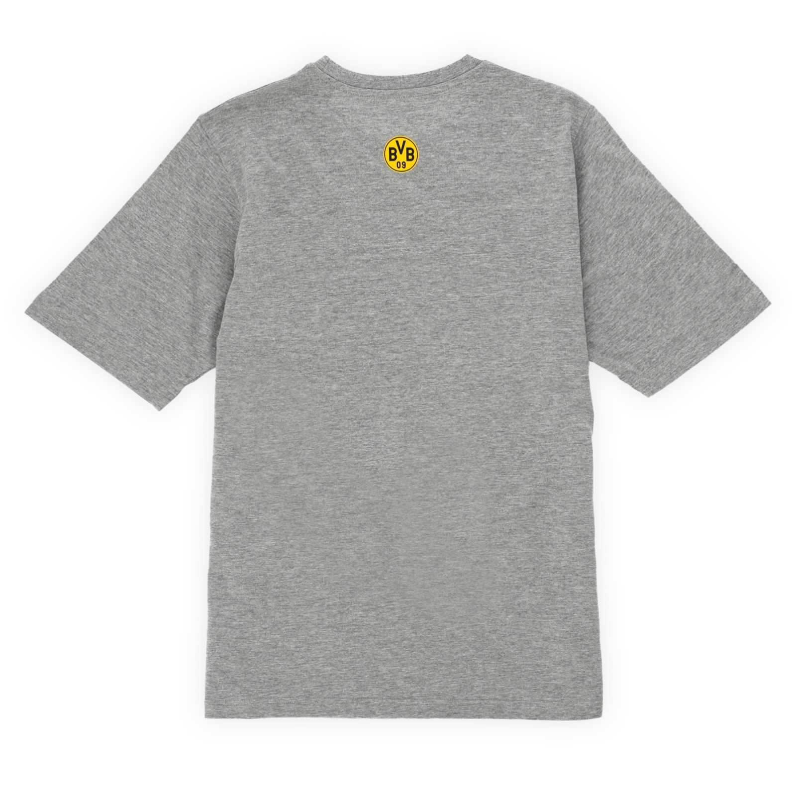 Rückansicht des grauen BVB-T-Shirts mit BVB-Logo im Nacken