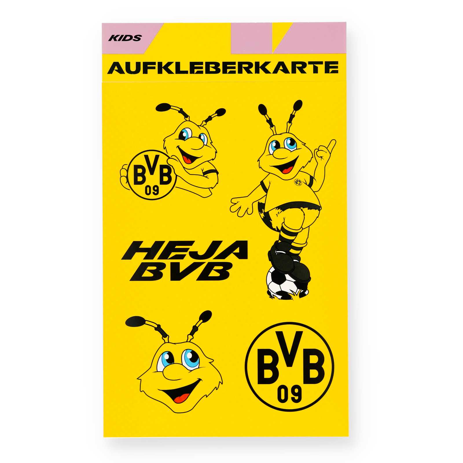 Vorderansicht der Aufkleberkarte mit drei EMMA Aufklebern, einem BVB-Logo und dem Schriftzug Heja BVB als Aufkleber