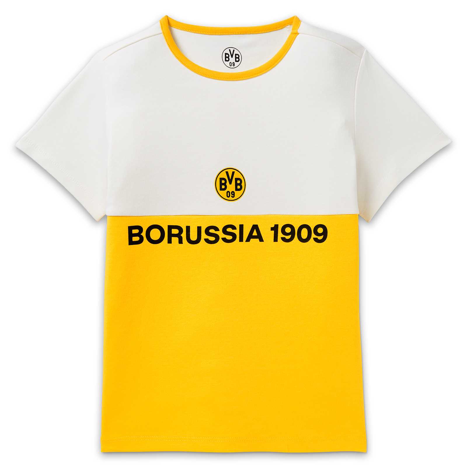 Vorderansicht des weißgelben BVB-Kinder-Shirts im Colorblock-Design mit Schriftzug "Borussia 1909" und BVB-Logo auf der Brust.