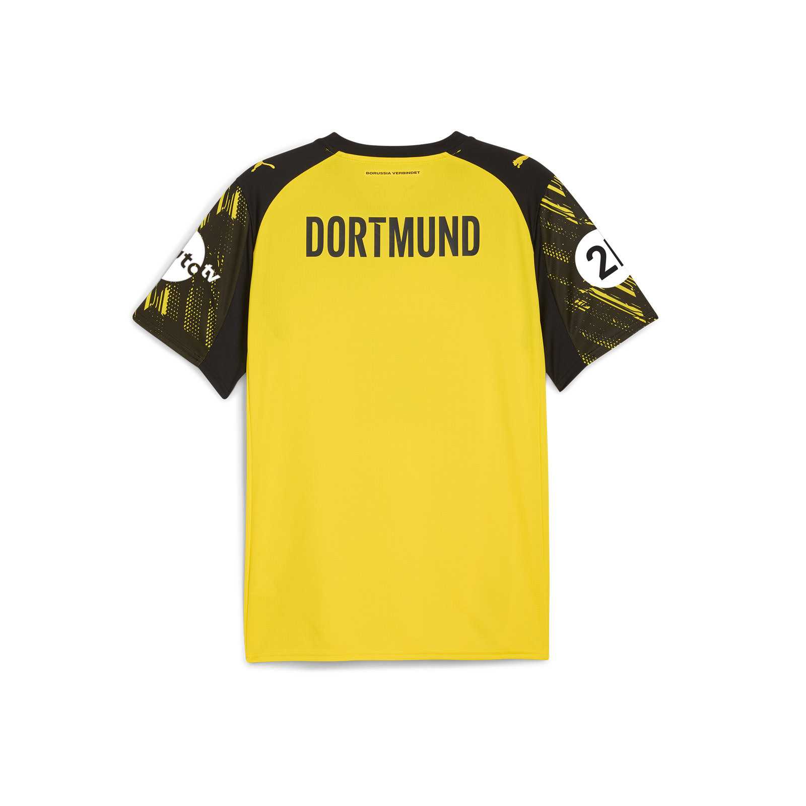 Rückansicht des gelben BVB-Heimtrikot 25/26 Frauenfußball mit schwarzem Schraffurmuster auf den Ärmeln und schwarzem DORTMUND-Schriftzug auf dem oberen Rücken und Pluto- und DSW21-Logos auf den Ärmeln