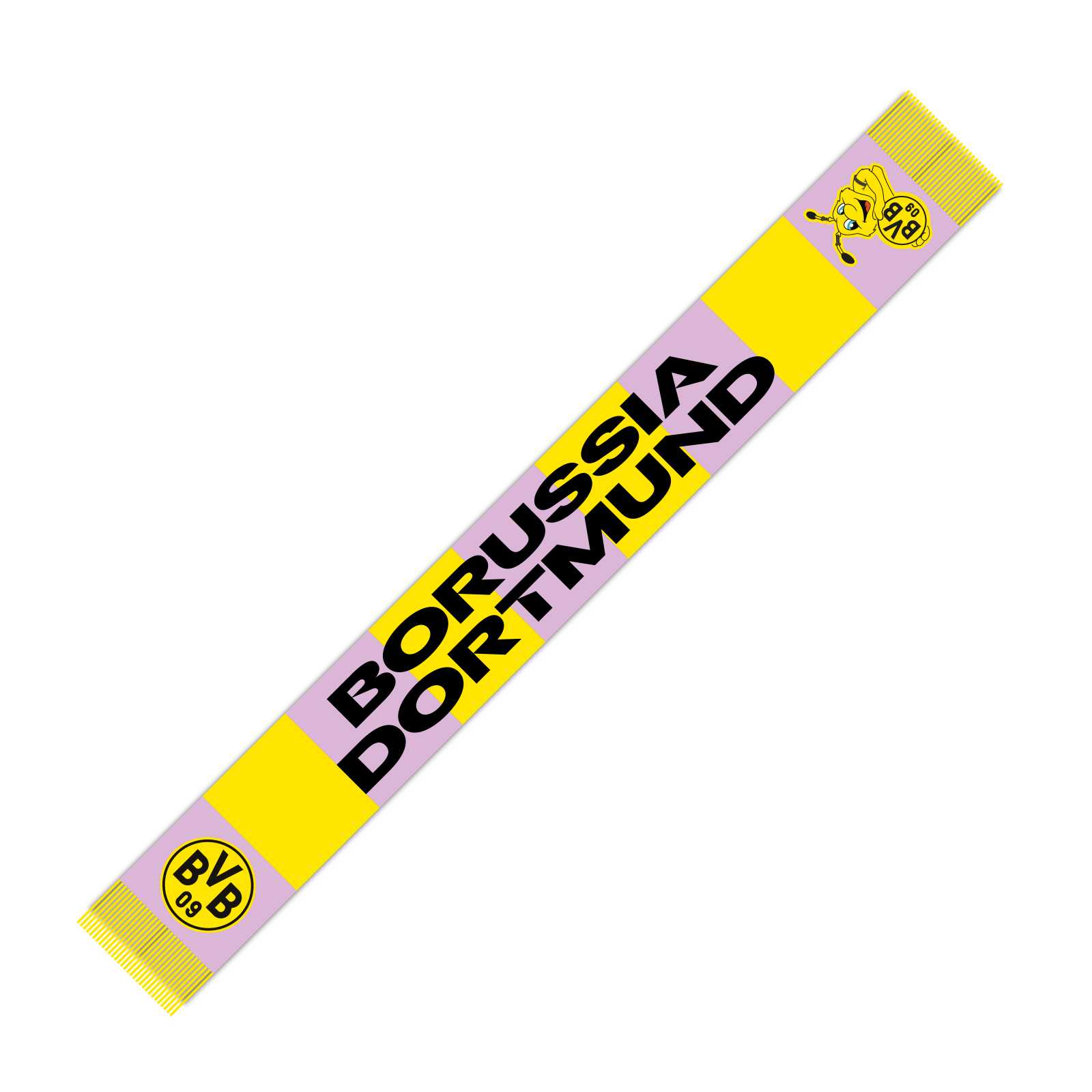 Rückansicht des BVB-Kinderschals mit dem Schriftzug Borussia Dortmund, dem BVB-Emblem, einem EMMA-Motiv und gelb-violetten Streifen