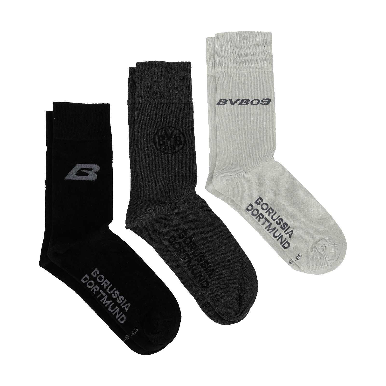 3er-Set BVB-Socken in schwarz, hellgrau und anthrazit.