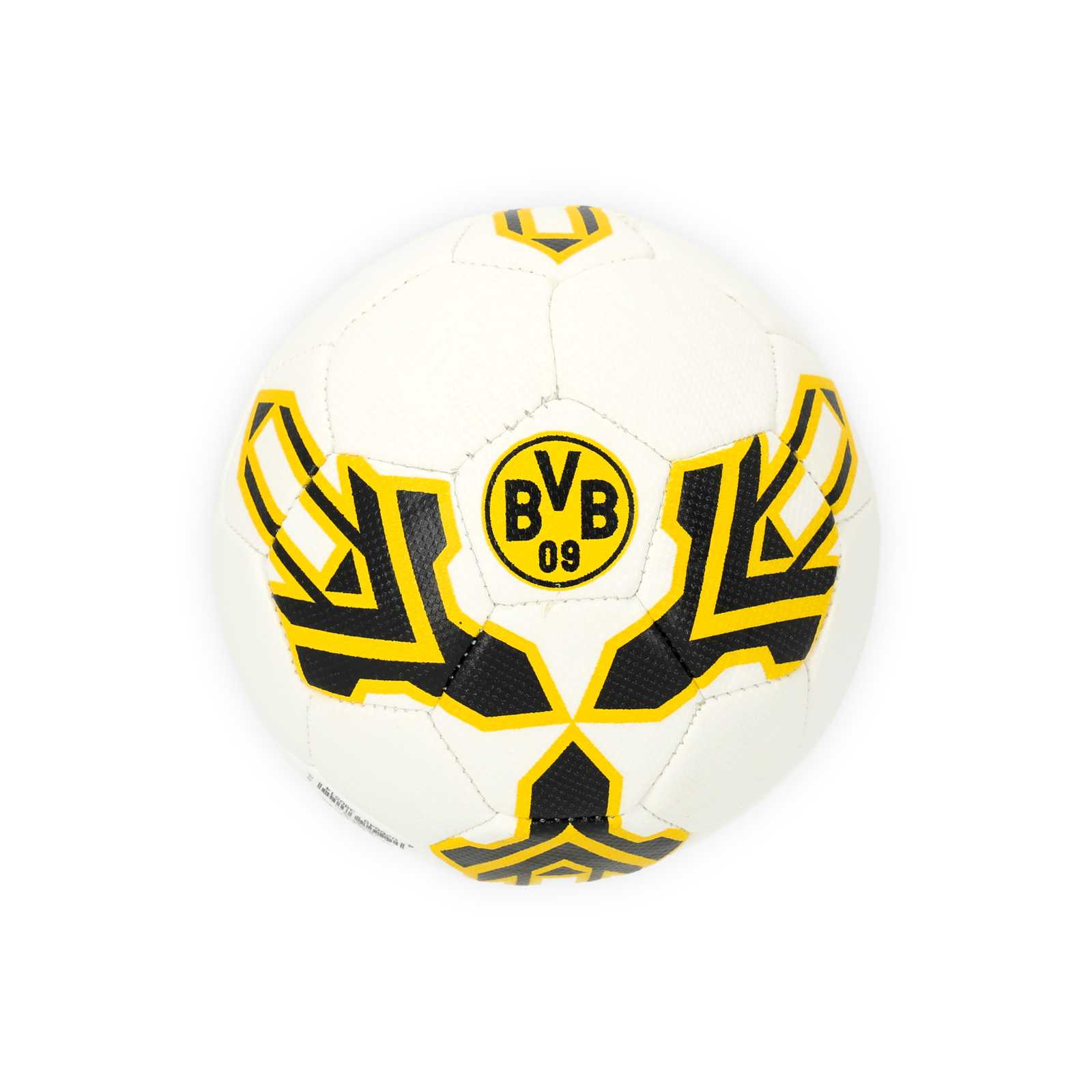 Weißer Ball mit BVB-Emblem und schwarzgelben Pfeilmustern, die mit den Spitzen aufs Emblem zeigen.