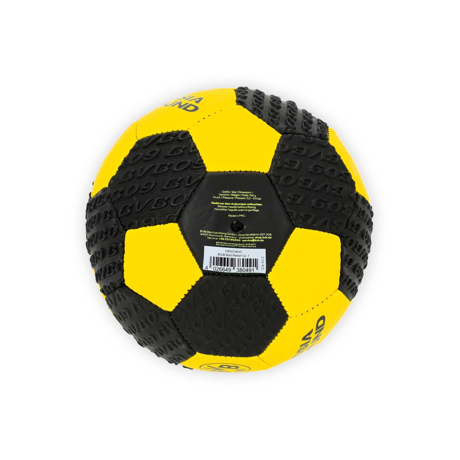 Schwarzgelber Fußball mit Struktur in der Oberfläche.