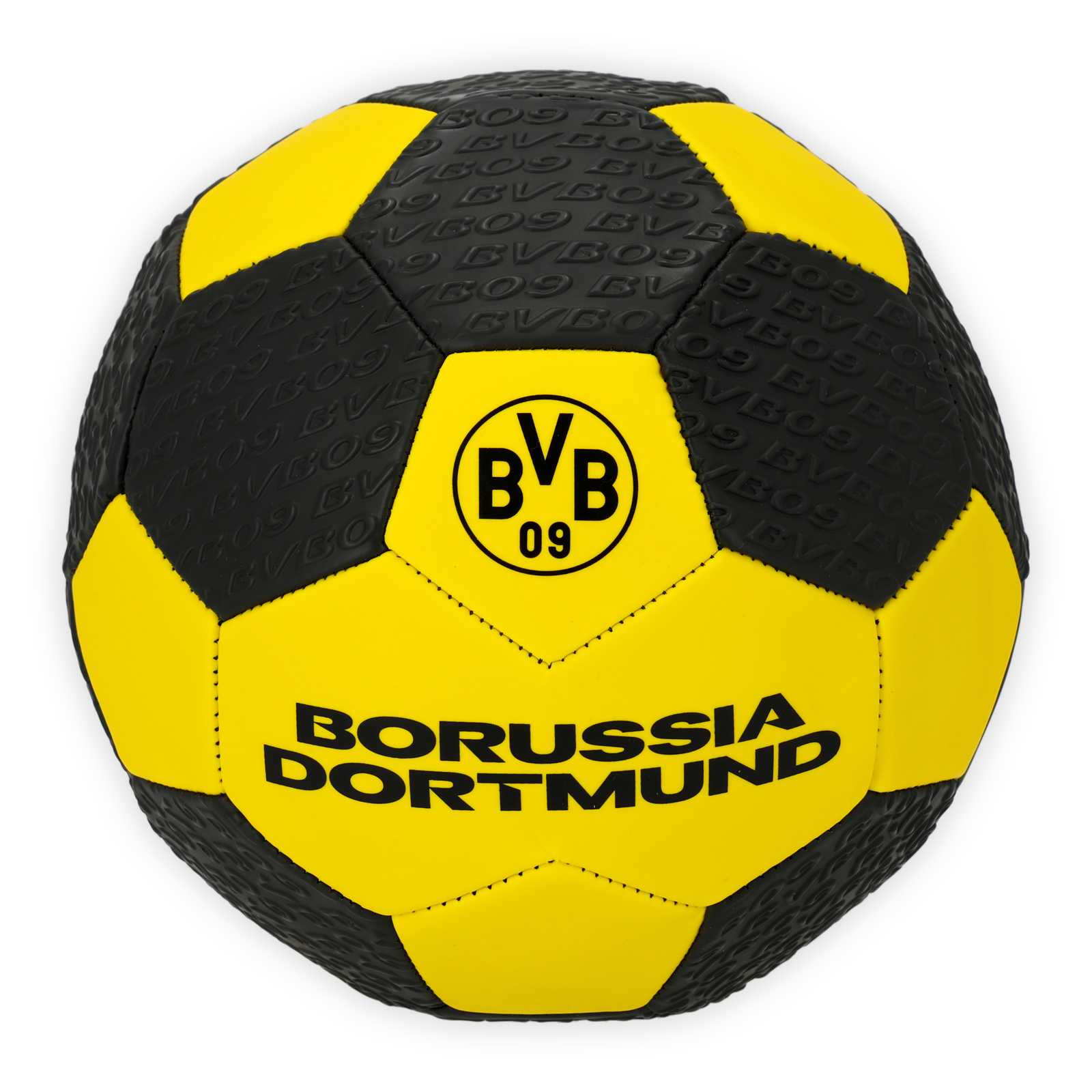 Schwarzgelber Fußball mit und BVB-Logo, "Borussia Dortmund"-Aufschrift und Struktur in der Oberfläche.