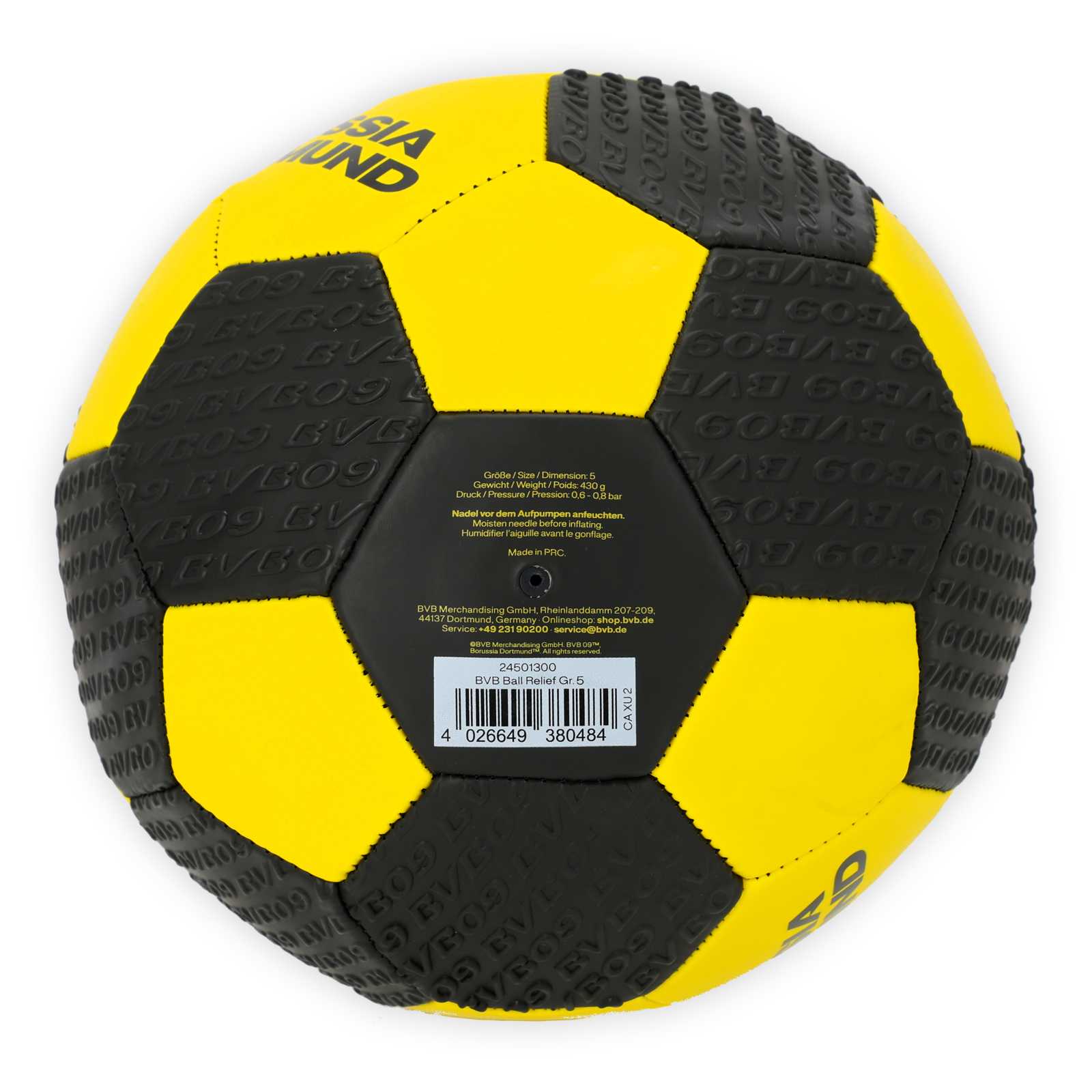 Schwarzgelber Fußball mit Struktur in der Oberfläche.