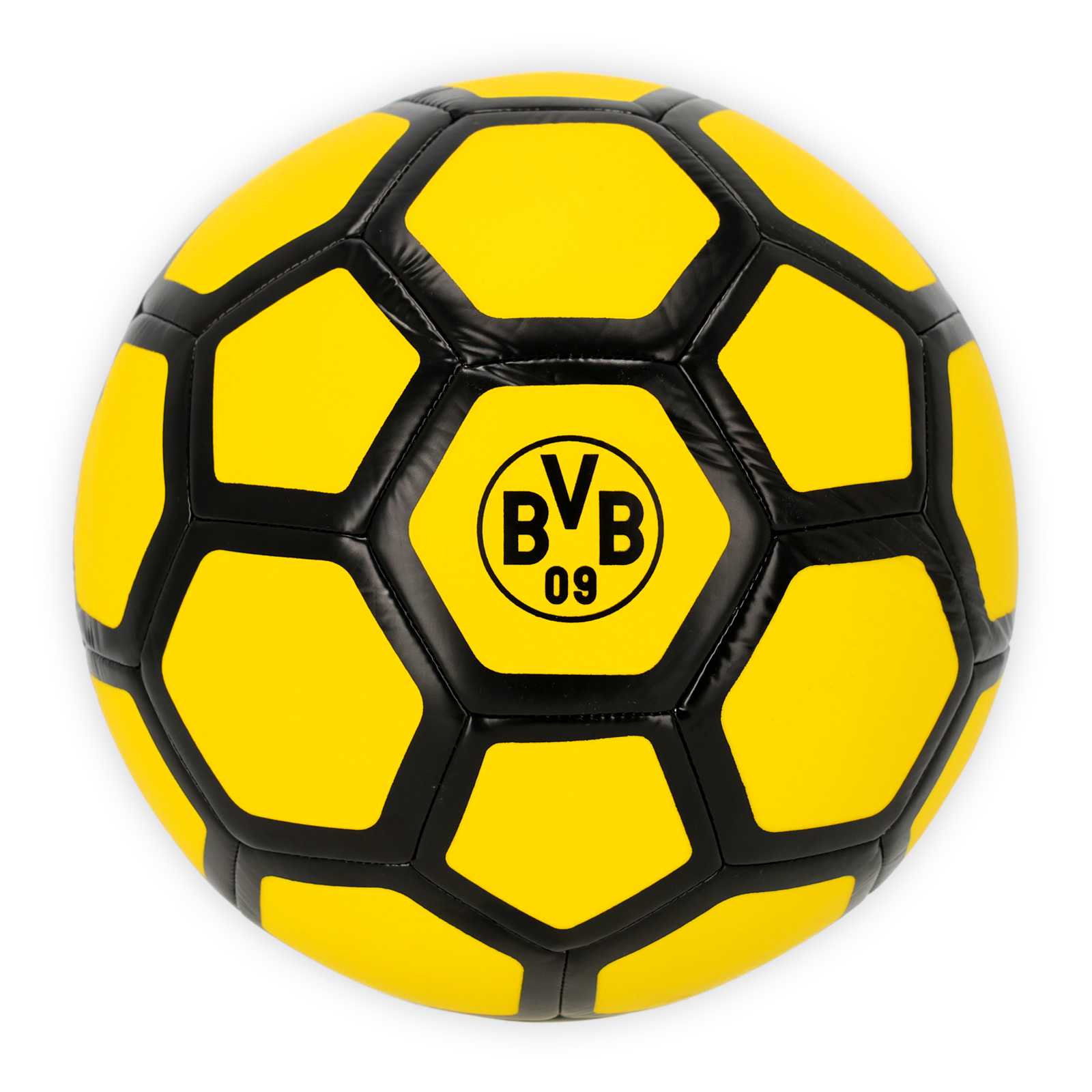 Schwarzgelber Fußball mit BVB-Logo.