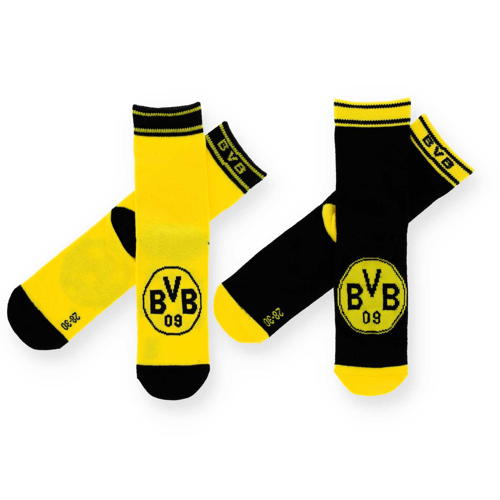 Zwei Sockenpaare jeweils über Kreuz gelegt. Ein gelbes Paar mit schwarzen Zehen und Fersen mit BVB-Emblem und ein schwarzes Paar mit gelben Zehen und Fersen mit BVB-Emblem.