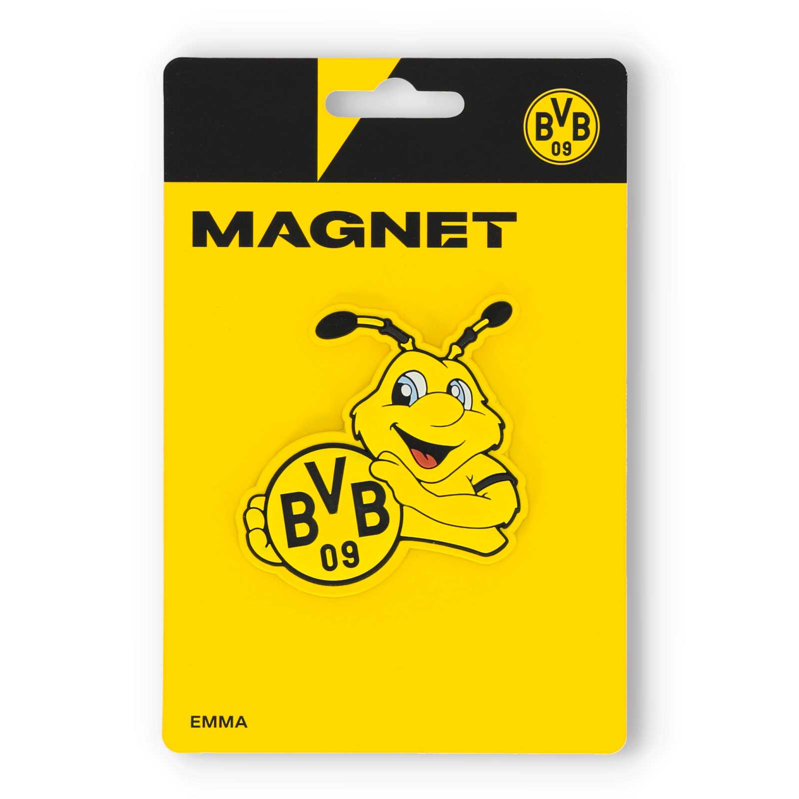 Vorderansicht des EMMA-Magnets in der schwarzgelben Blister-Verpackung. EMMA hält das BVB-Emblem.