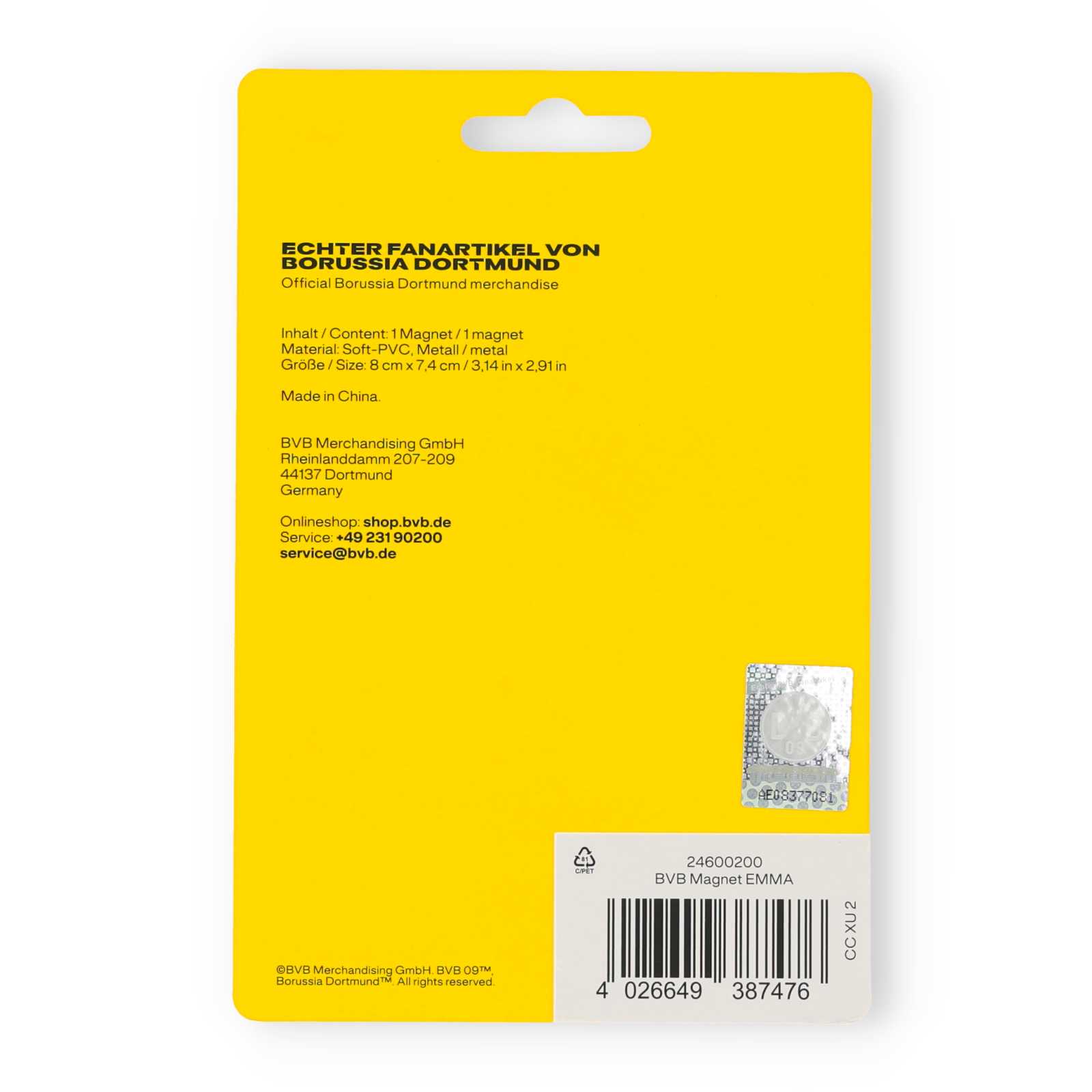 Rückansicht der schwarzgelben Blister-Verpackung mit Herstellerinformationen.