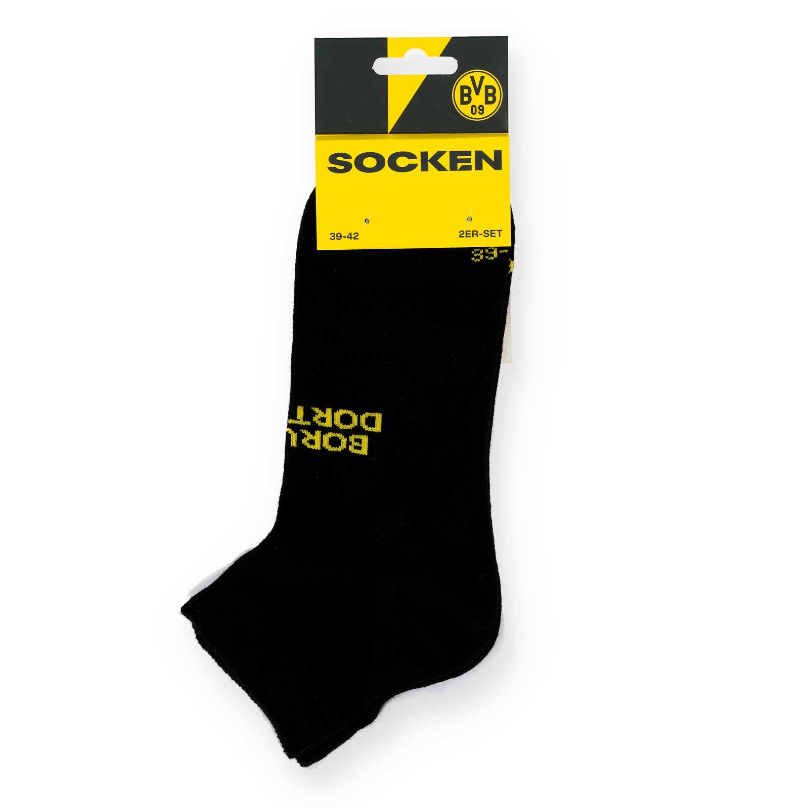 Seitenansicht der schwarzen Socken mit gelbem Borussia Dortmund-Schriftzug im Blister.
