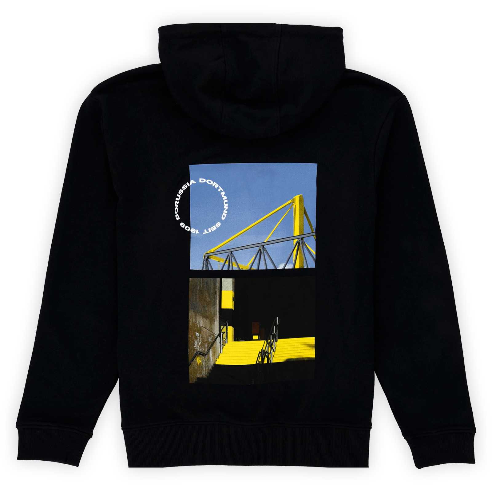 Rückansicht der schwarzen Matchday-Kapuzenjacke mit einem Bild vom Treppenaufgang zur Südtribüne, teilweise überlagert von einem runden Borussia Dortmund seit 1909-Schriftzug und einer Abbildung der markanten Pylone des SIGNAL IDUNA PARK darüber