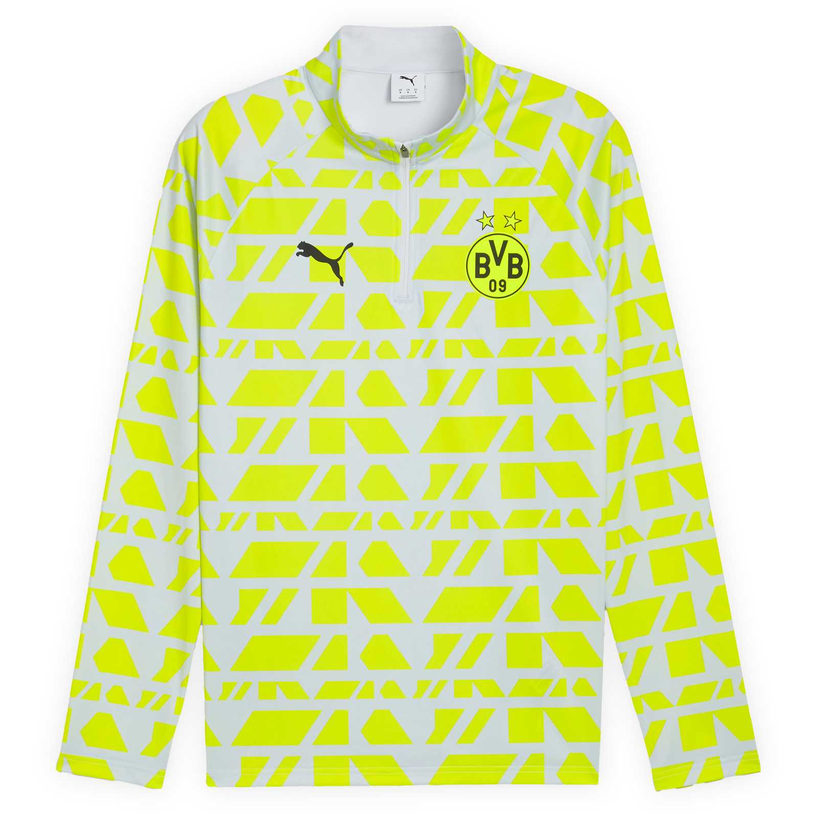 Vorderansicht des langärmeligen Aufwärm-Shirts in silbergrau mit Neonmuster auf den Ärmeln