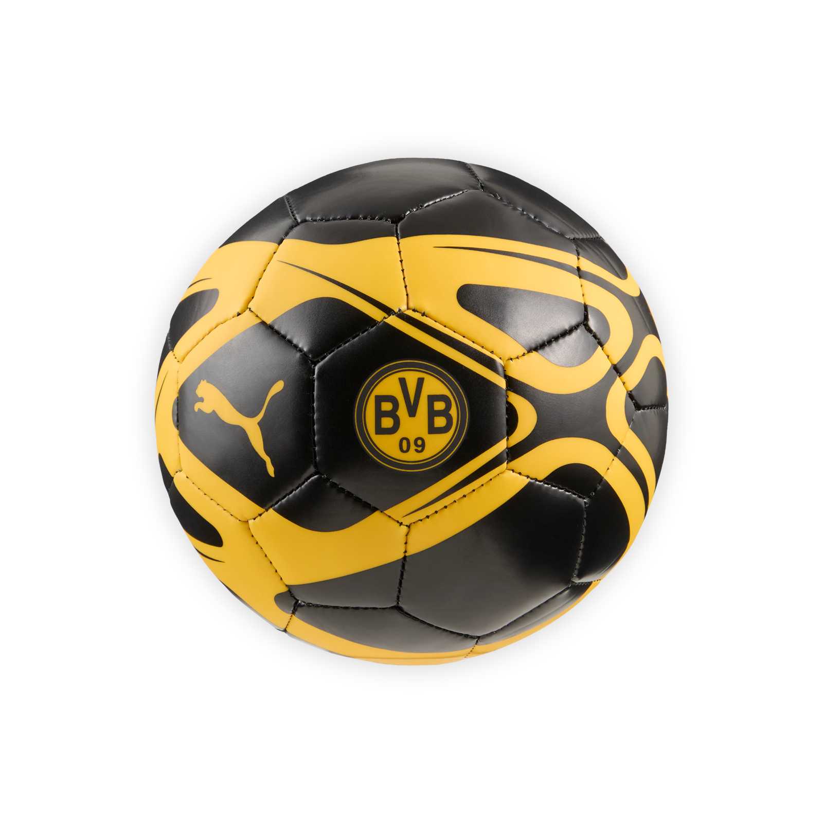 BVB Ball in Schwarz mit dunkelgelben Akzenten, gelber PUMA-Katze und gelbem BVB-Retro-Emblem