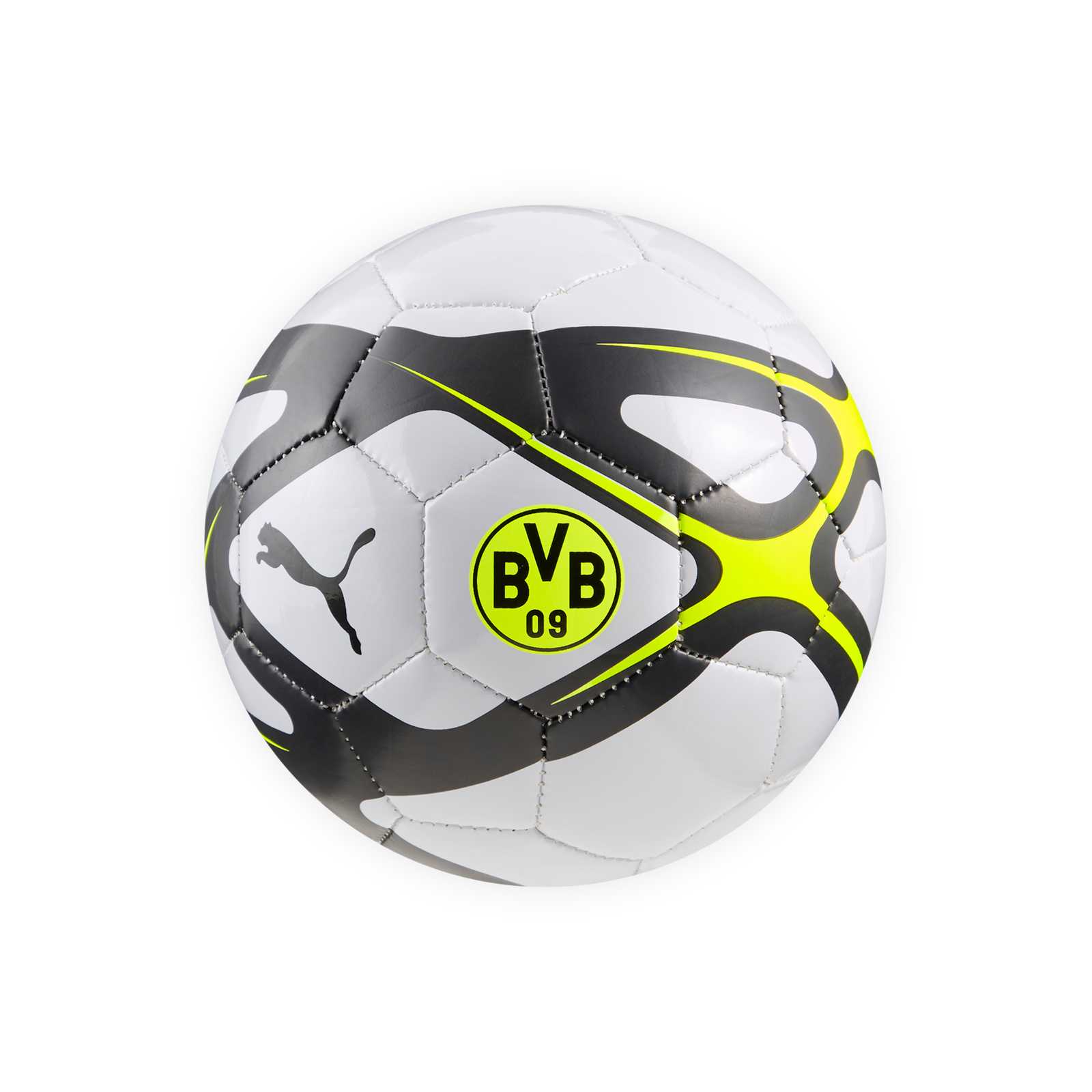 BVB Ball in Silbergrau mit Neongelben und schwarzen Akzenten, schwarzer PUMA-Katze und BVB-Emblem in Neongelb