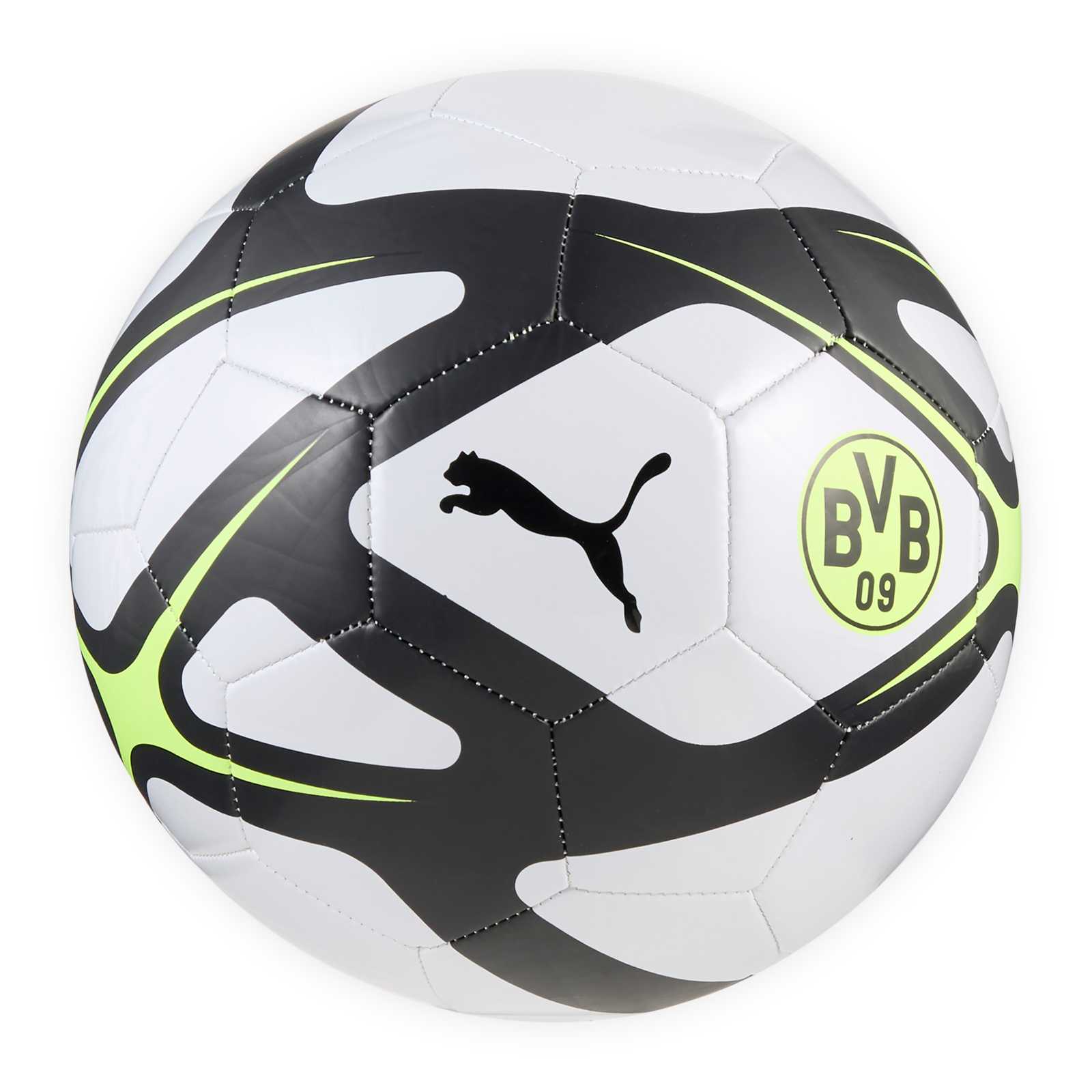 Seitenansicht vom BVB Ball in Silbergrau mit Neongelb-Akzenten, schwarzer PUMA-Katze und BVB-Emblem in Neongelb