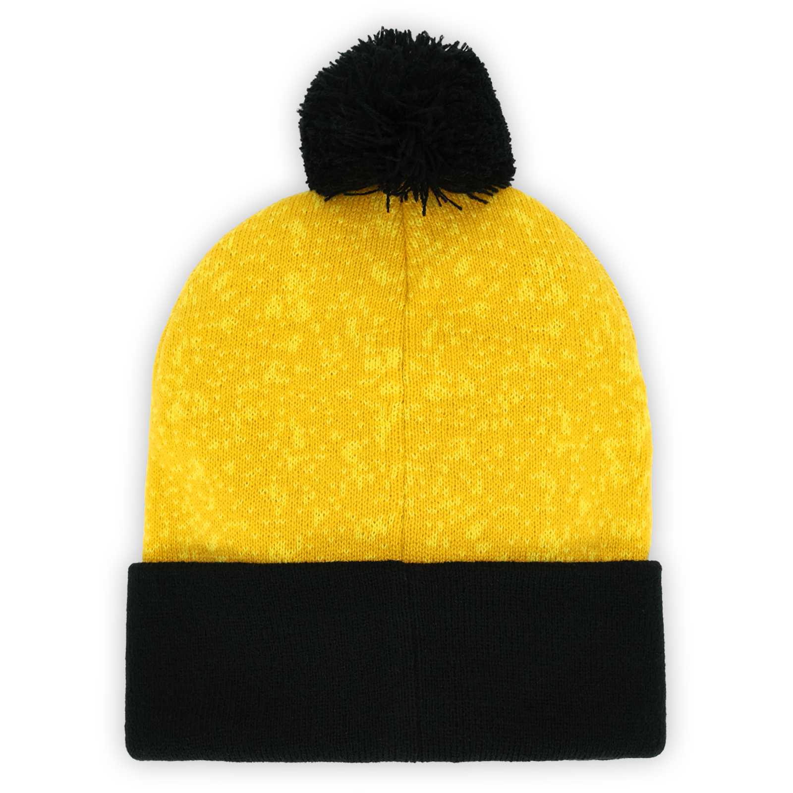 Rückansicht der gelben Bommelmütze mit leichtem Pixel-Muster, schwarzer Bommel und schwarzer Krempe.