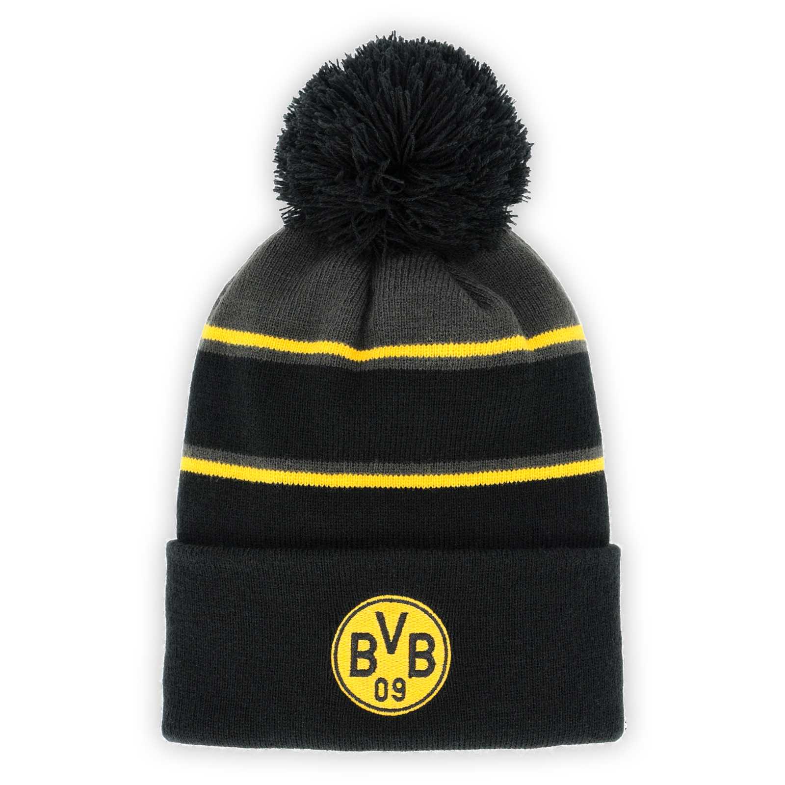 Vorderansicht der schwarzen Bommelmütze mit gelb gestreiftem Balken und dem BVB-Emblem auf der Stirn.
