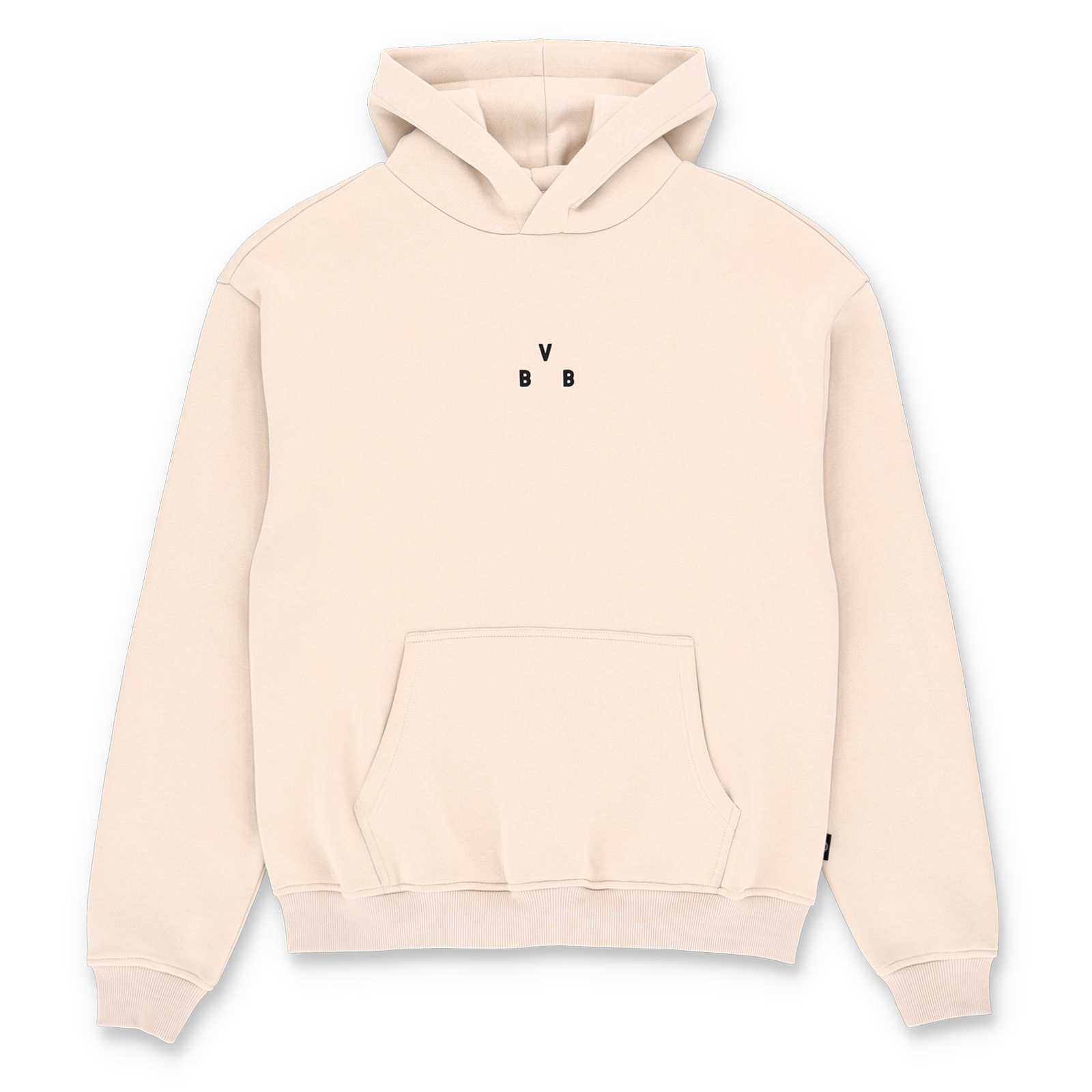 Vorderansicht des Hoodies in beige mit Kängurutaschen und kleinen schwarzen BVB Buchstaben auf der Brust