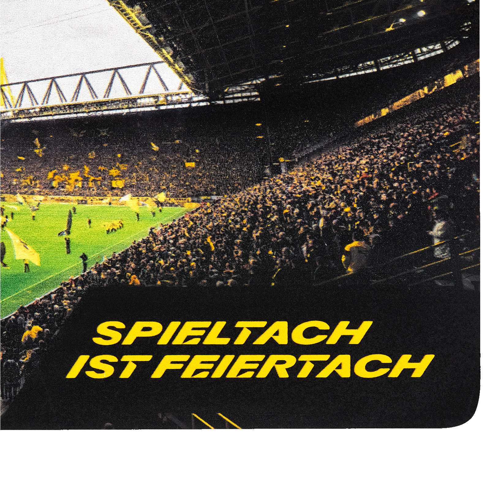 Detailansicht der Innenansicht des SIGNAL IDUNA PARK und des Schriftzugs „Spieltach ist Feiertach“