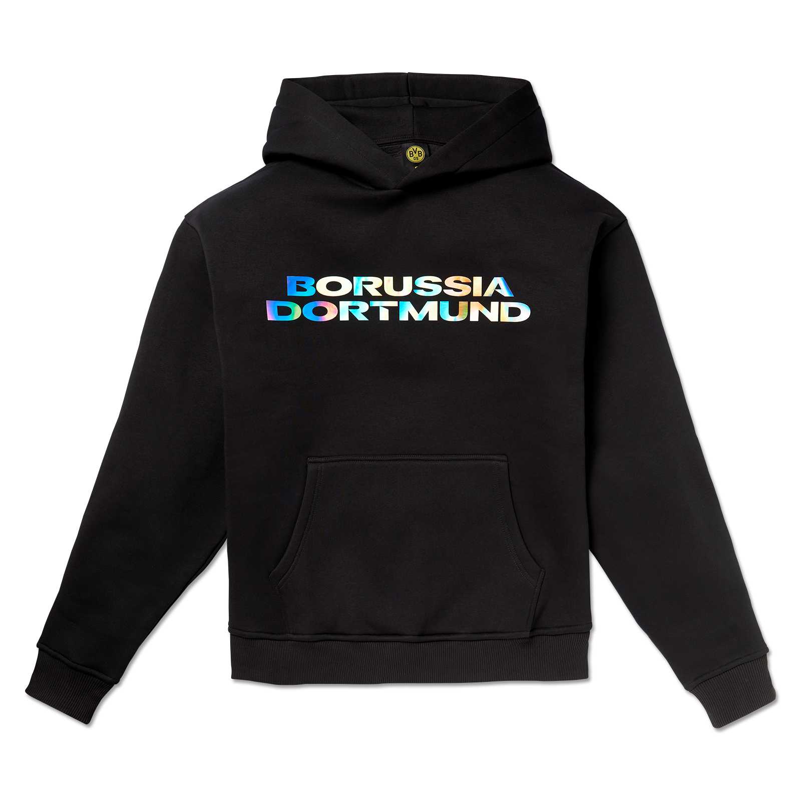 Vorderansicht des schwarzen Hoodies mit funkelndem Borussia Dortmund Schriftzug auf der Brust