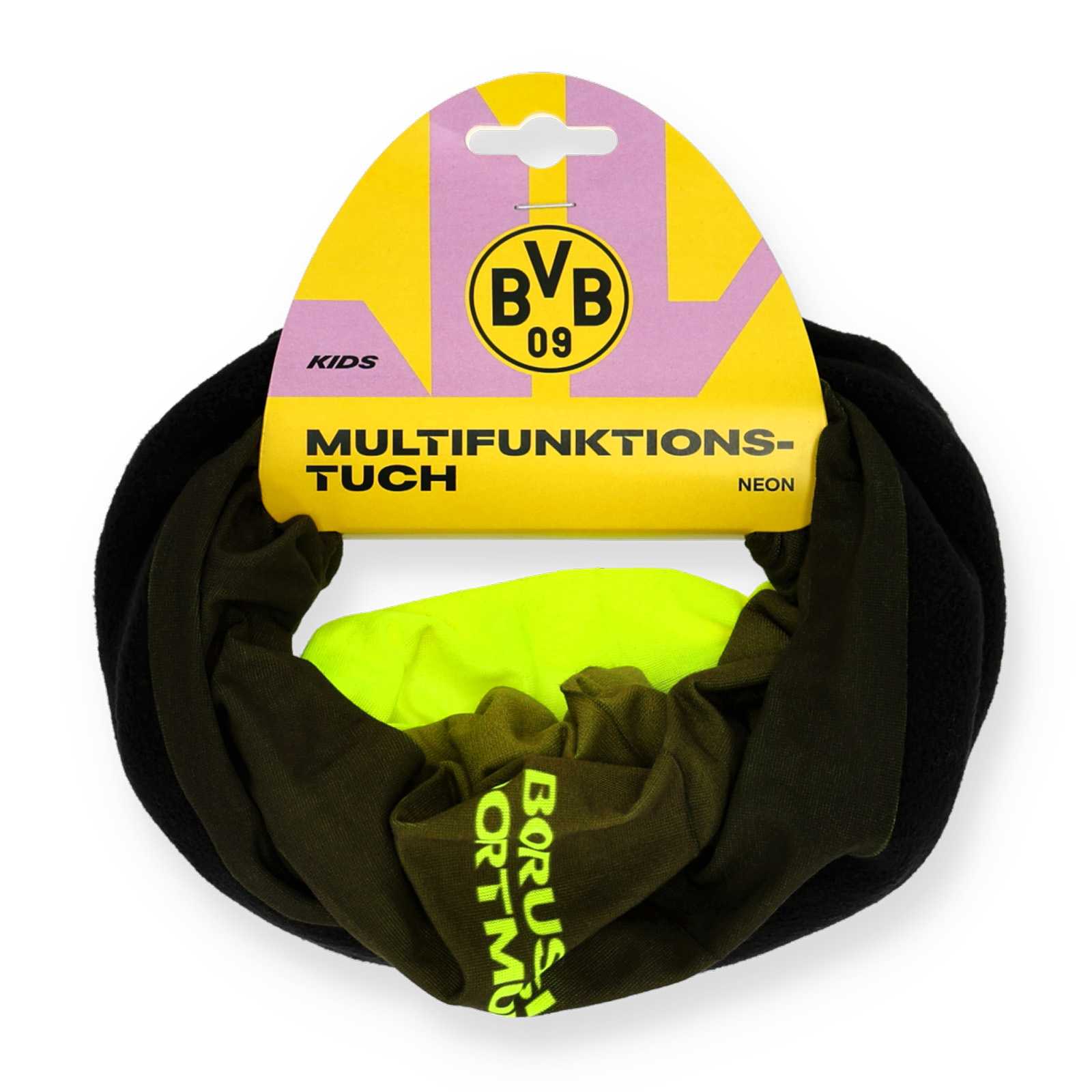 Das Multifunktionstuch zum Kranz gerollt in der gelb-schwarz-lila Blisterverpackung