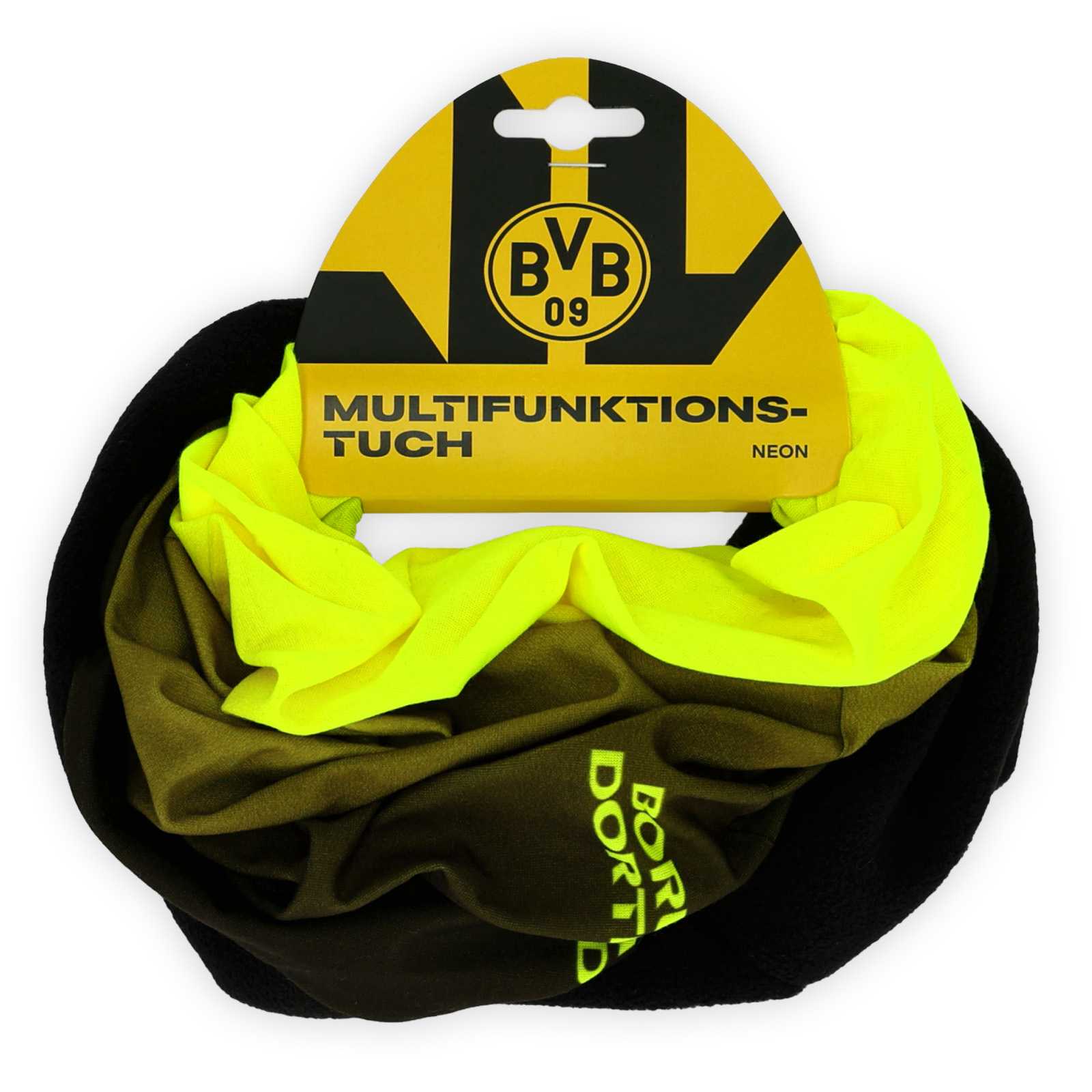 Das Multifunktionstuch zum Kranz gerollt in der gelb-schwarz-lila Blisterverpackung