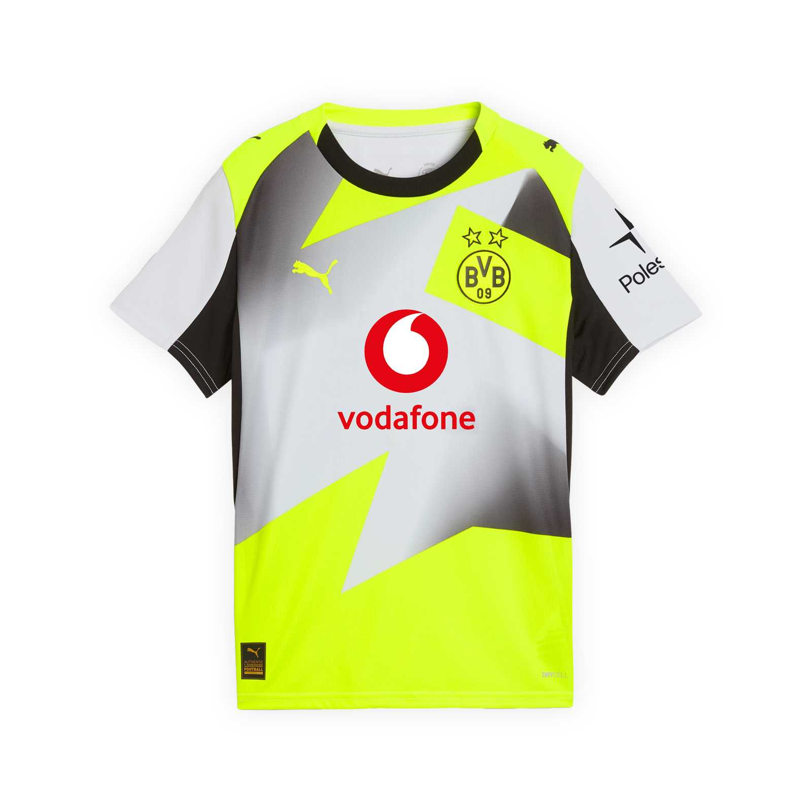 Vorderansicht des grau-schwarz-neongelben Auswärtstrikots mit rot-weißen Vodafone-Logo, BVB-Emblem und PUMA-Katze auf der Brust