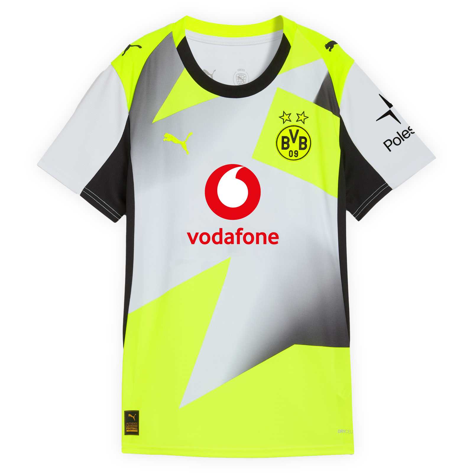 Vorderansicht des grau-schwarz-neongelben Auswärtstrikots mit rot-weißen Vodafone-Logo, BVB-Emblem und PUMA-Katze auf der Brust