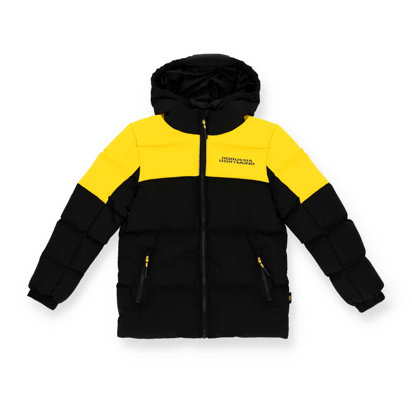 Vorderansicht der Winterjacke mit schwarzem unterem Bereich, schwarzer Kapuze und gelbem Schulterbereich mit schwarzem Borussia Dortmund Schriftzug auf der Brust