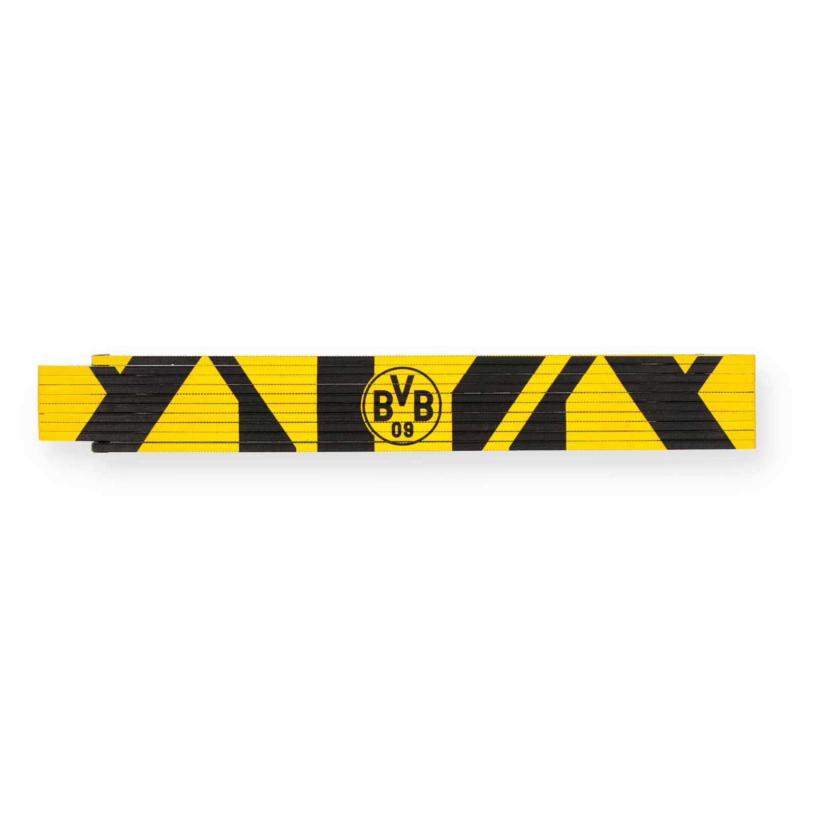 Zusammengeklappter Zollstock mit schwarzgelbem Muster und BVB-Logo mittig