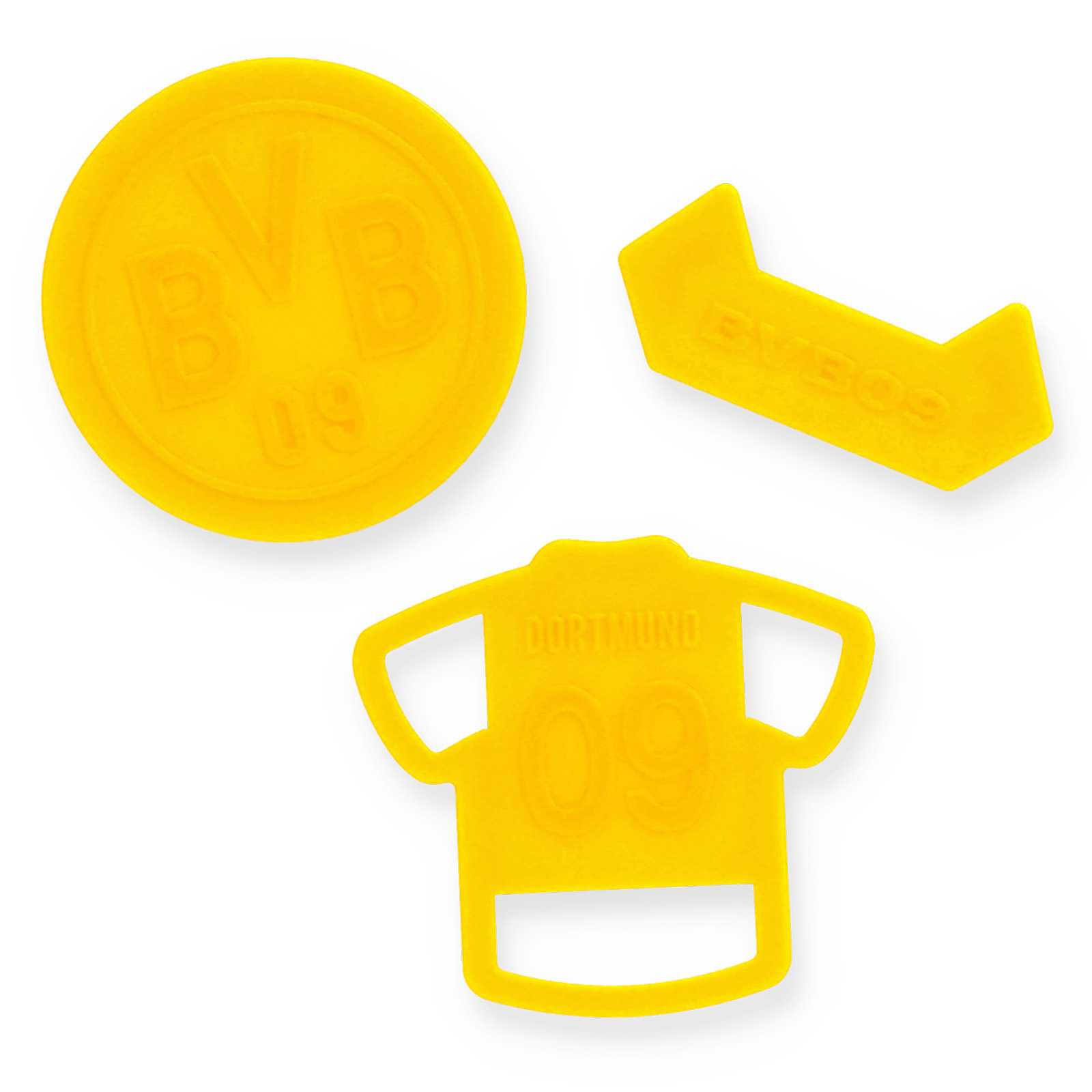 Draufsicht auf die drei gelben Ausstechformen Trikot, BVB-Schriftzug und BVB-Emblem