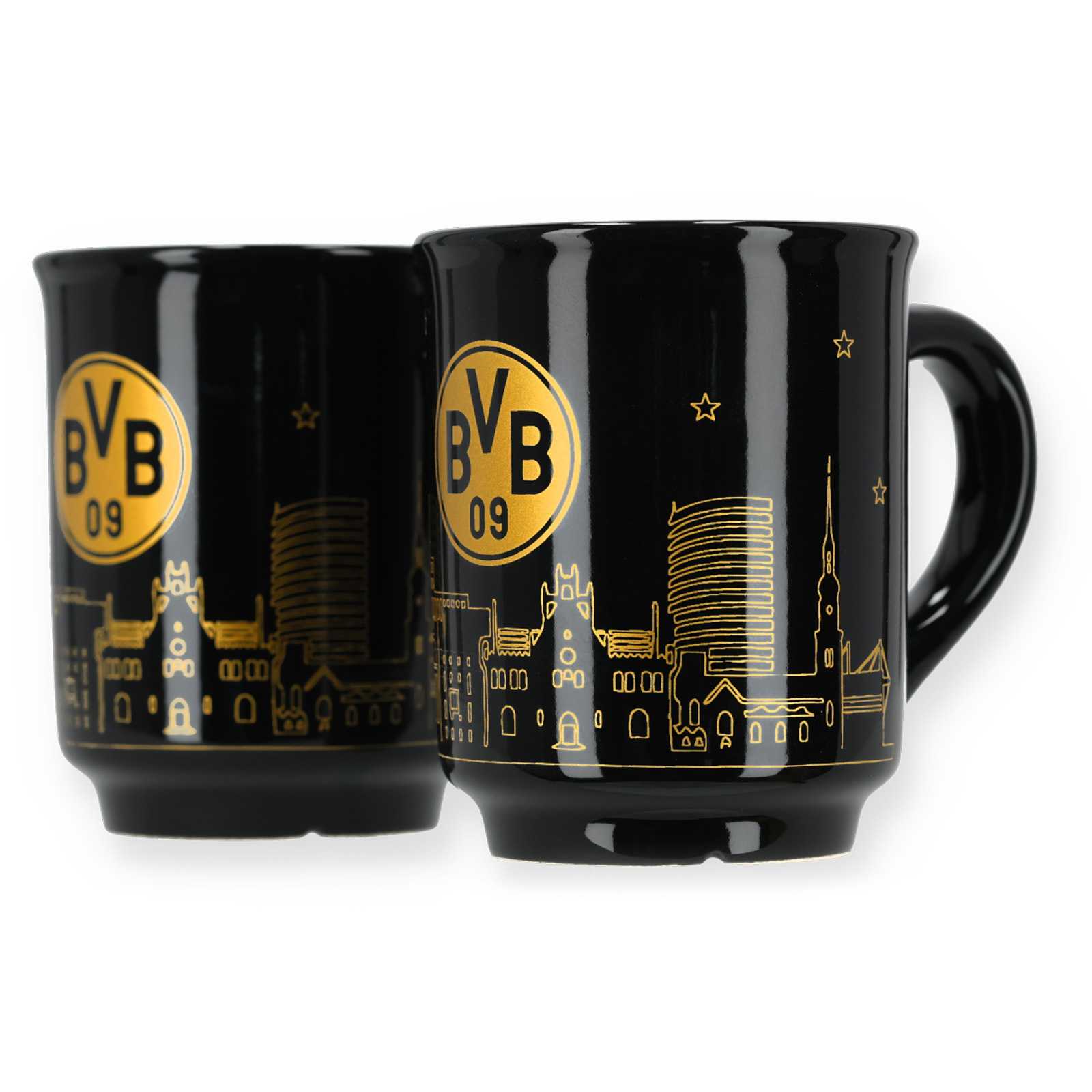 Schwarze BVB Tassen nebeneinander mit goldenem BVB-Logo und goldener Skyline von Dortmund.