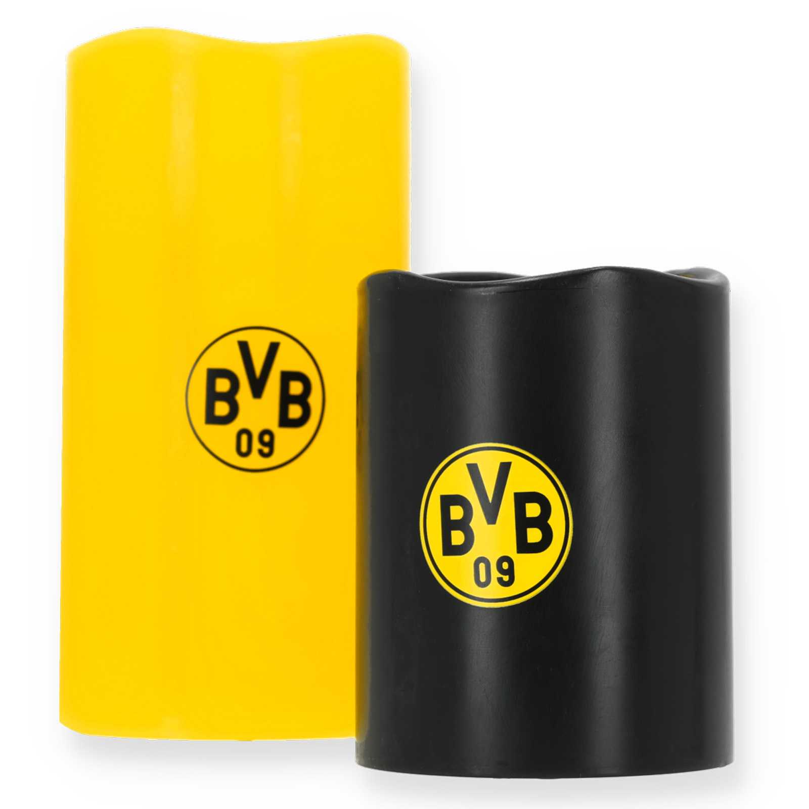 Vorderansicht des Sets, bestehend aus einer kleinen schwarzen und einer großen gelben Kerze, jeweils mit BVB-Emblem
