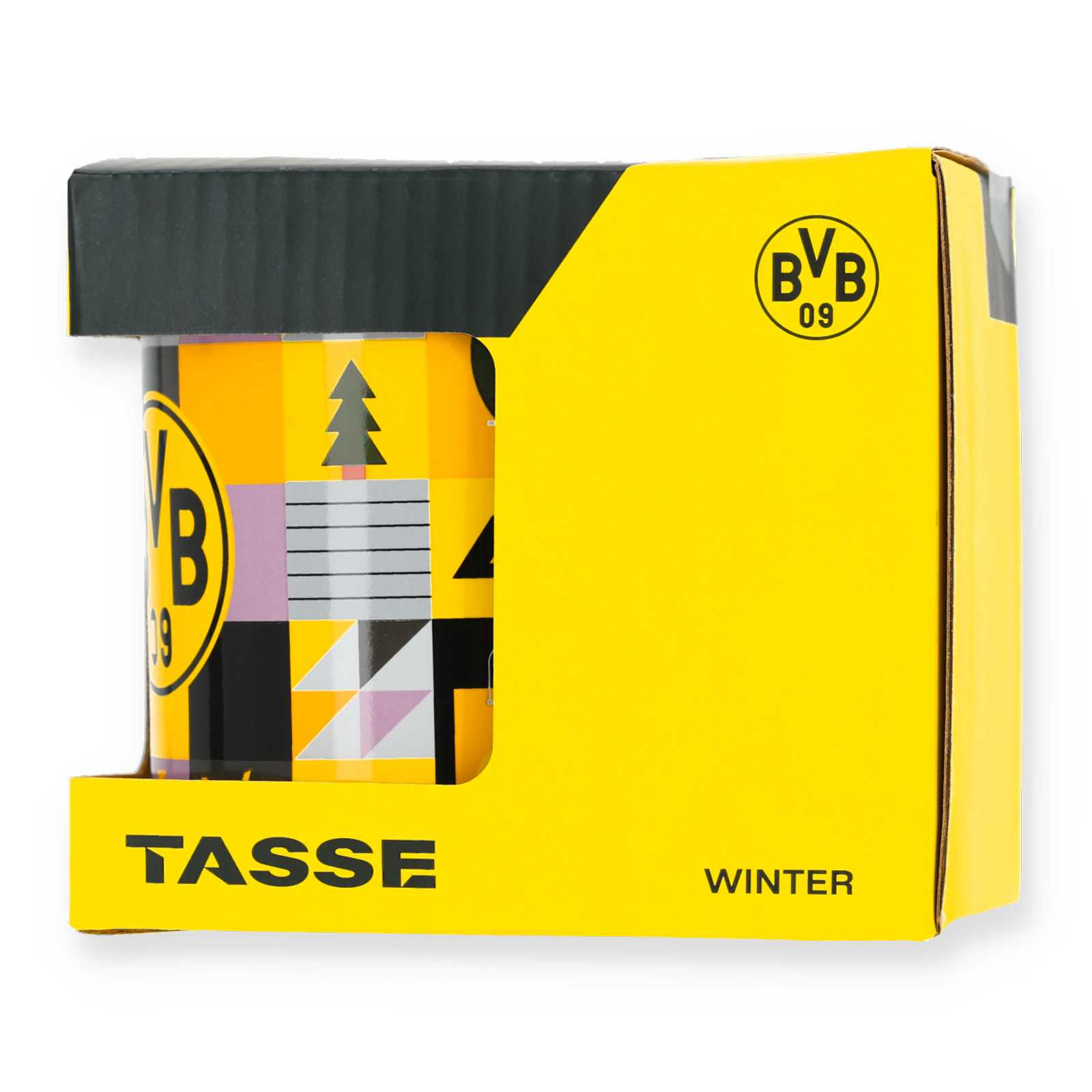 Bunte Weihnachtstasse mit verschiedenen Motiven in gelber Verpackung von vorne.