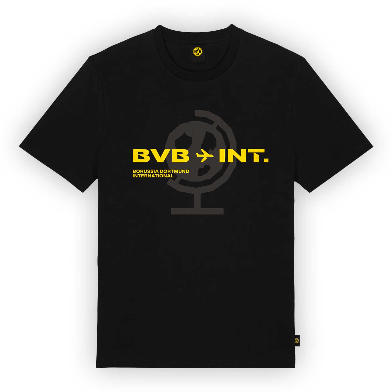 Vorderansicht des schwarzen Shirts mit gelbem Frontprint.