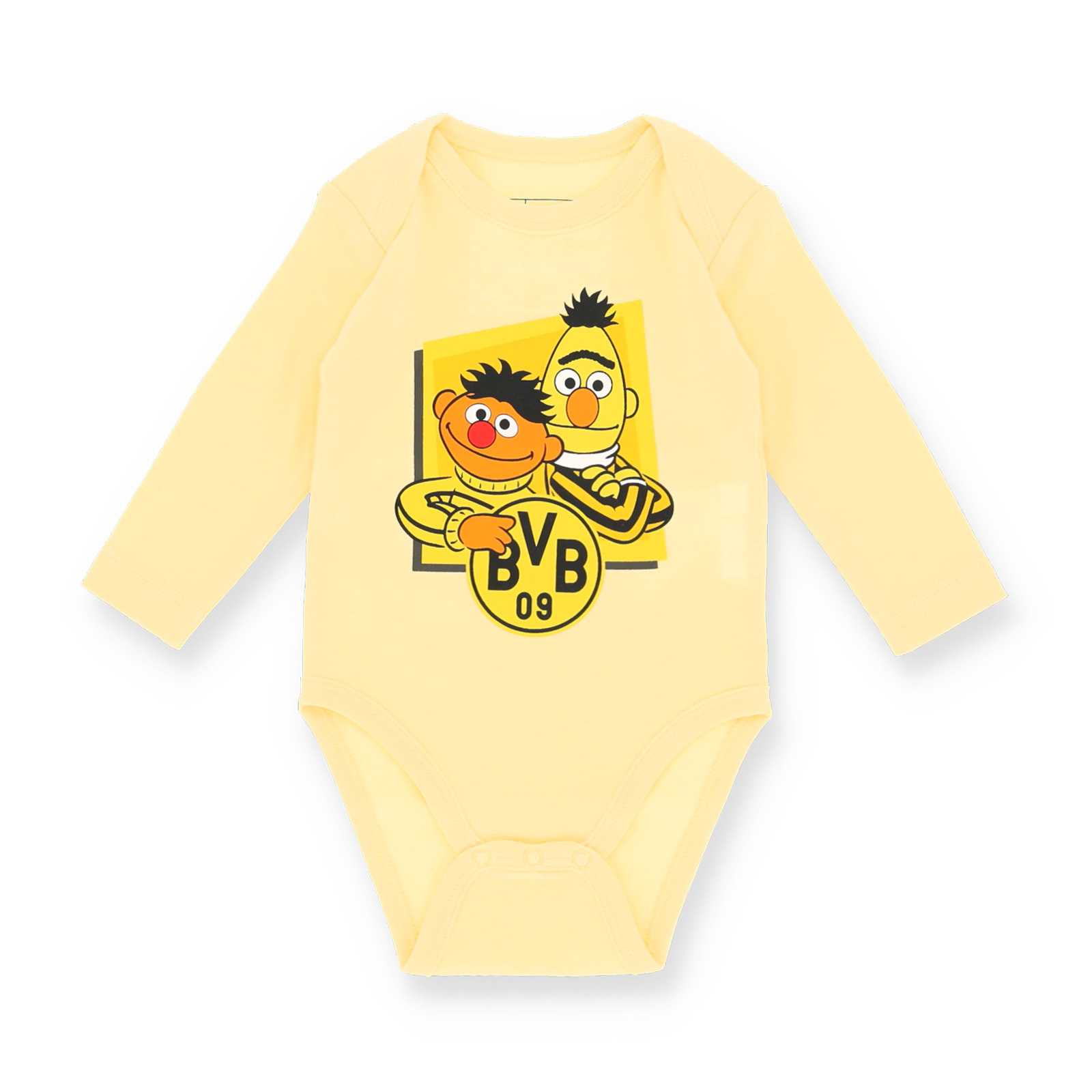 Vorderansicht des beigen Bodys für Baby mit Print von Ernie und Bert mit dem BVB-Logo.