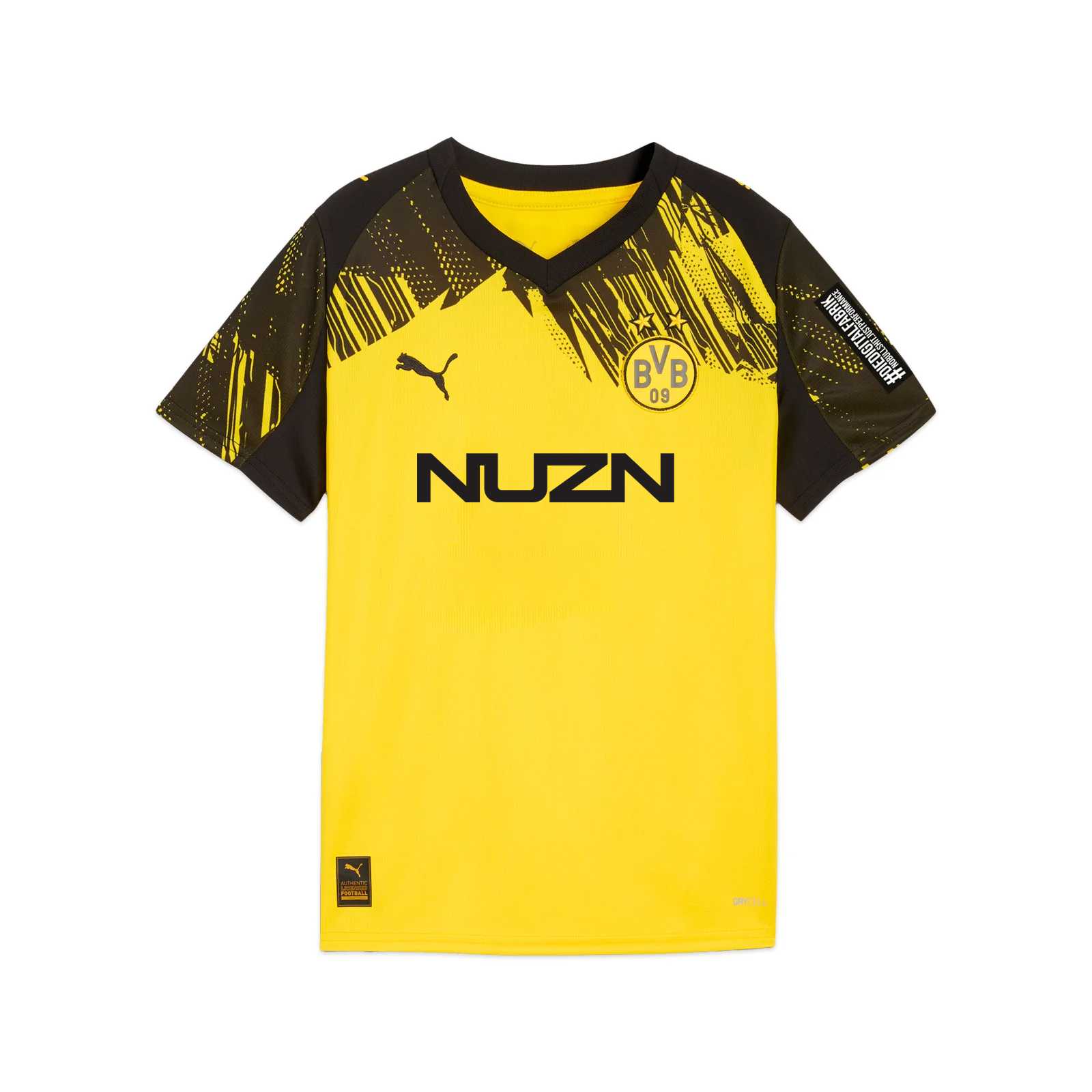 Vorderansicht des neuen BVB Heimtrikots 25/26 mit PUMA- und NUZN-Sponsor.