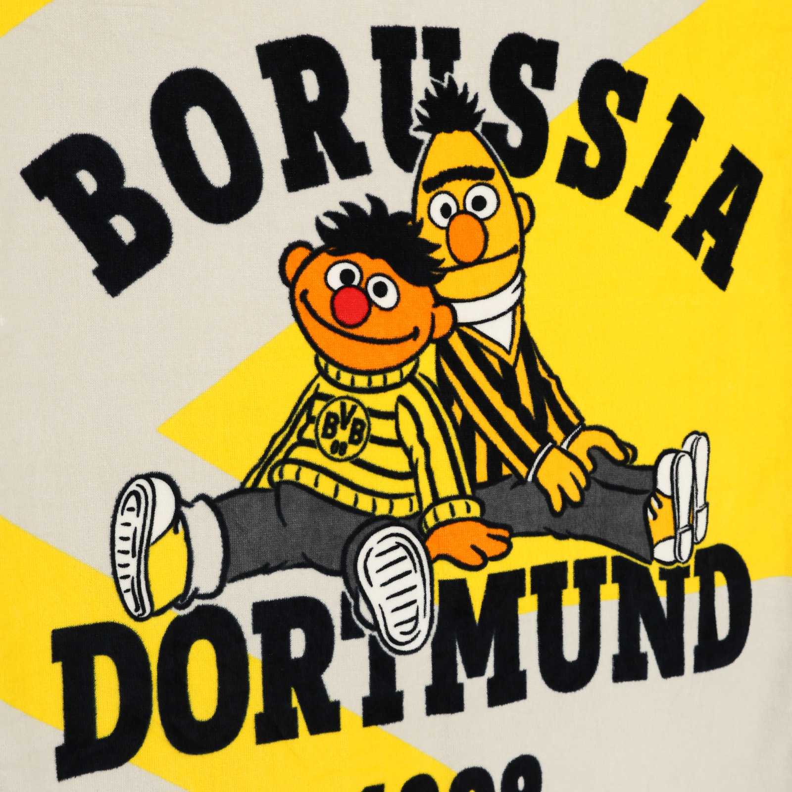Detailaufnahme von Ernie und Bert sowie dem BVB-Logo und "Borussia Dortmund 1909" Schriftzug.