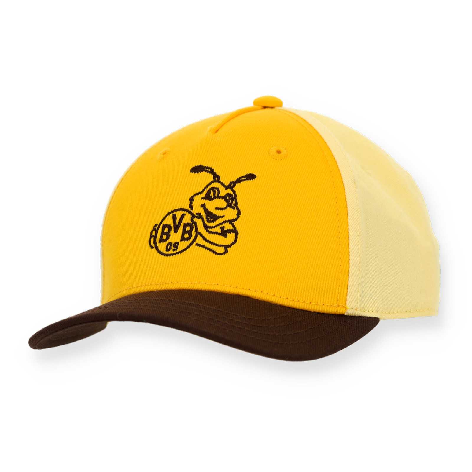Vorderansicht der gelben Kinder Kappe mit Maskottchen EMMA und dem BVB-Logo vorne drauf und braunem Kappen-Schirm.