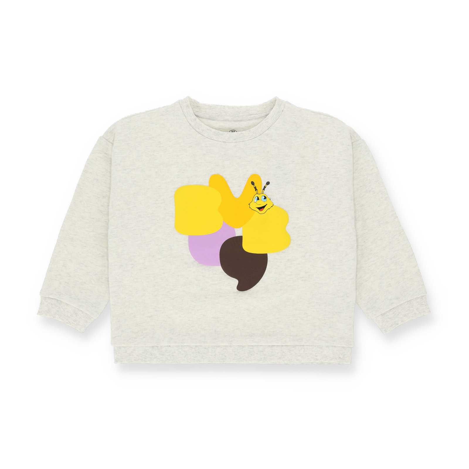 Vorderansicht des grauen BVB Pullis mit bunter BVB09 Aufschrift und Maskottchen EMMA.