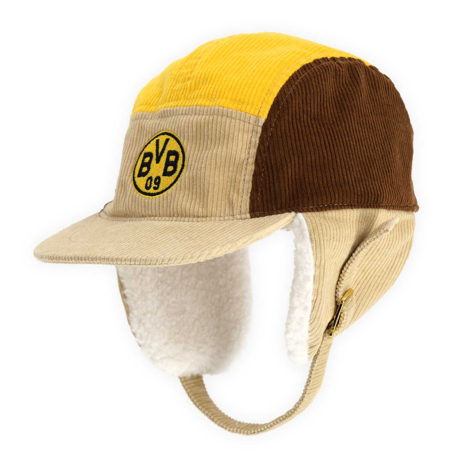 Vorderansicht der Baby Mütze mit BVB-Logo vorne drauf und Schirmkappe.