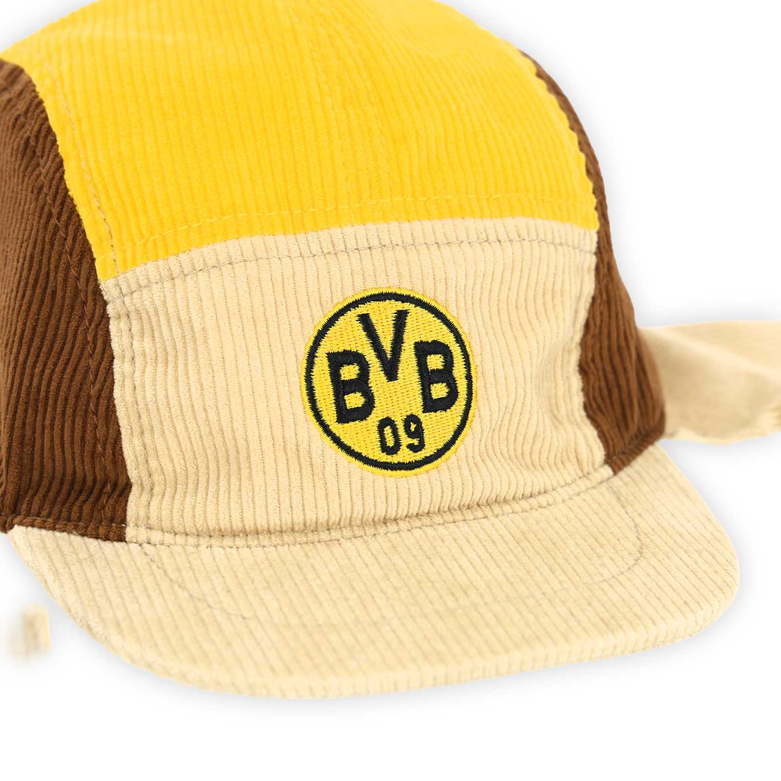 Vorderansicht des oberen Teils der Mütze mit BVB-Logo vorne drauf und Schirmkappe.