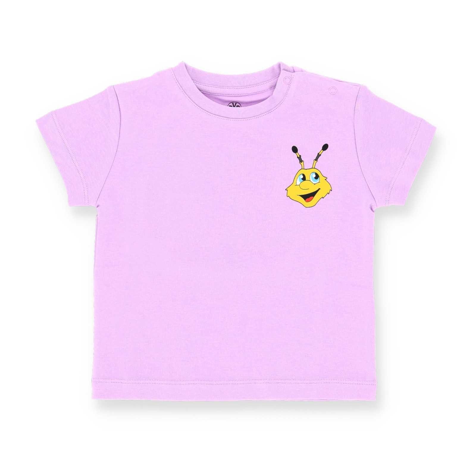 Vorderansicht des T-Shirts in Lila mit Maskottchen EMMA auf der Brust.