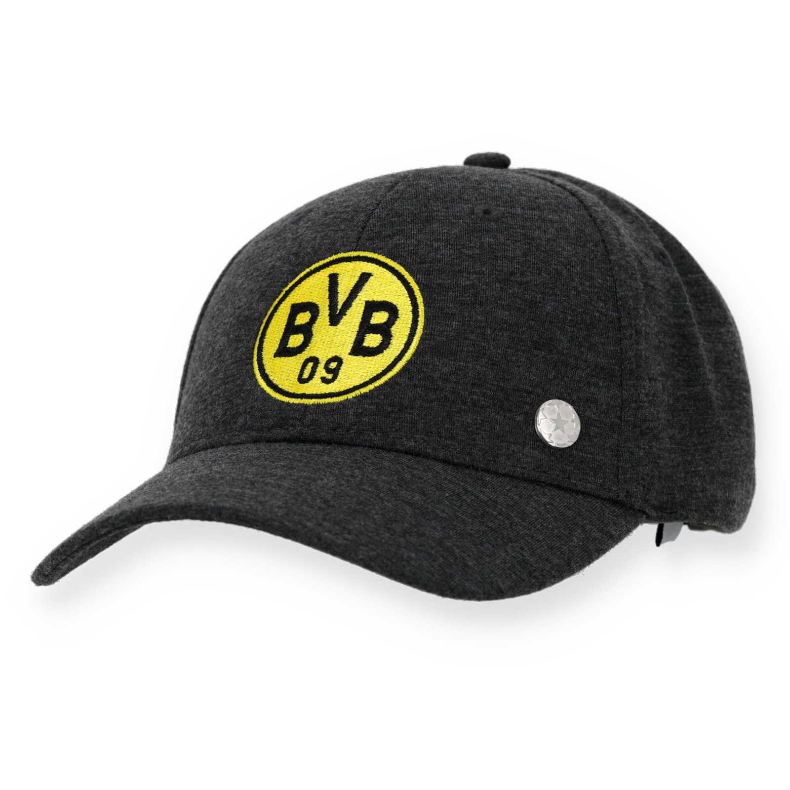 Vorderseite der schwarzen BVB-Kappe mit gelbem Logo.